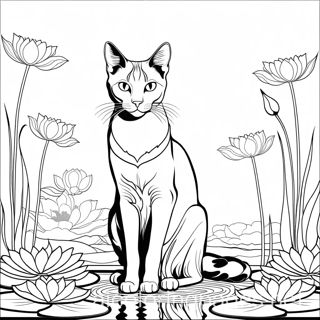 Egyptian Mau on a lotus pond with lotus flowers in the background, Coloring Page, black and white, line art, white background, Simplicity, Ample White Space. The background of the coloring page is plain white to make it easy for young children to color within the lines. The outlines of all the subjects are easy to distinguish, making it simple for kids to color without too much difficulty