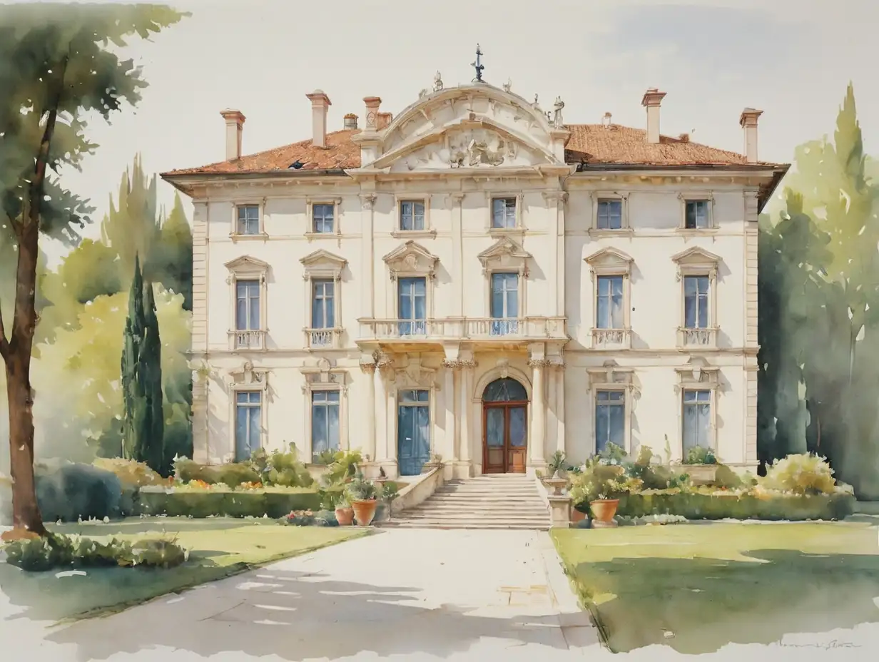 Watercolor-Painting-of-White-Front-Villa-Mosconi-Bertani-on-White-Background