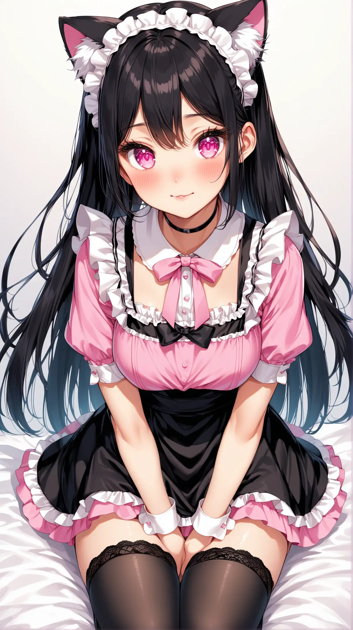 Anime Illustration of Cute Cat Girl in Black Maid Uniform