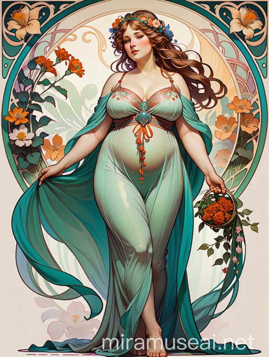Elegant PlusSize Woman in Alfons Mucha Inspired Floral Attire