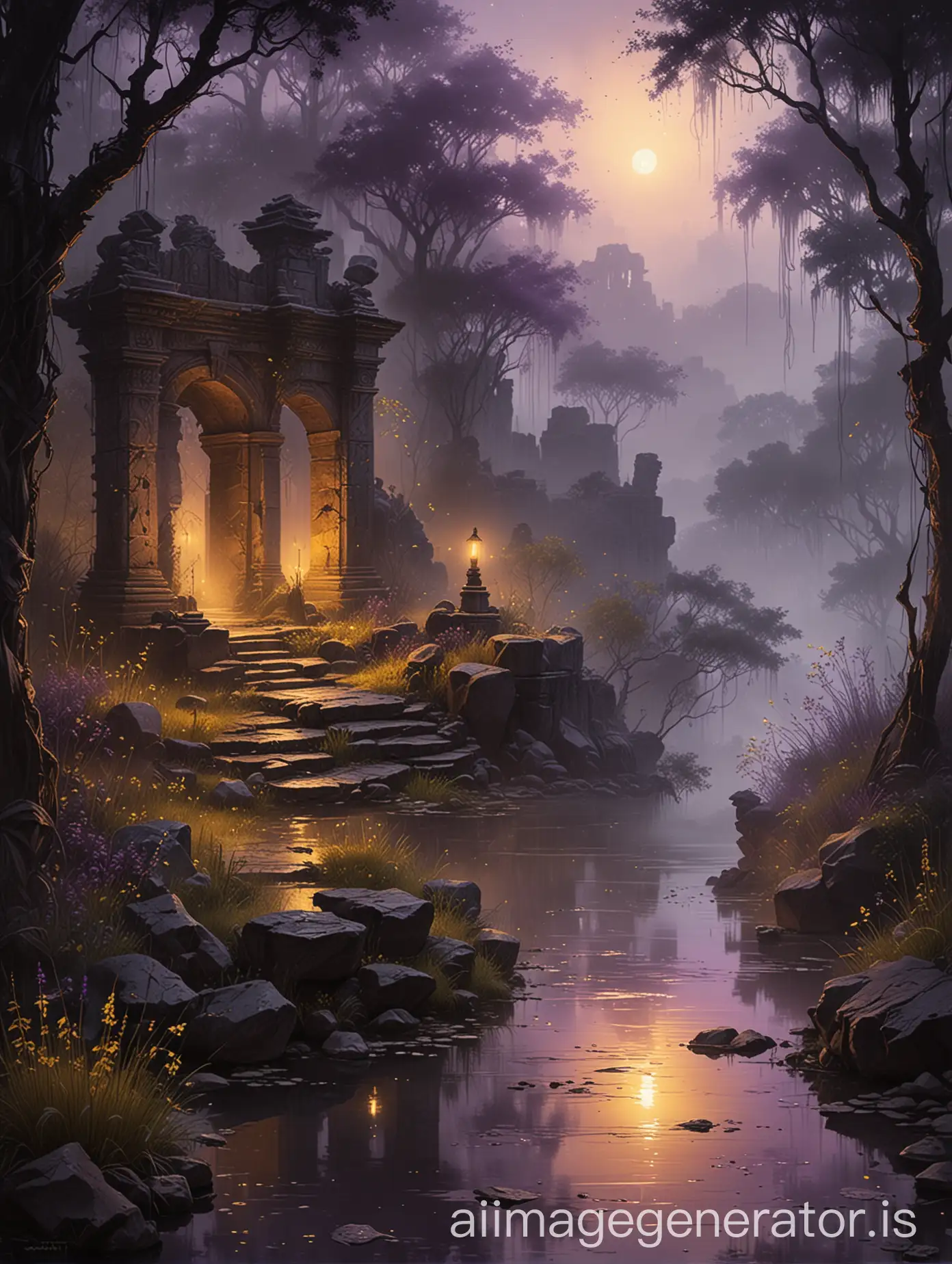 luis royo inspired dark backdrop,  foggy, rainy weather, ancient ruins, dark gloomy gardenscape, a wet rock by the pond, golden hour, sunset purple and yellow, fireflies