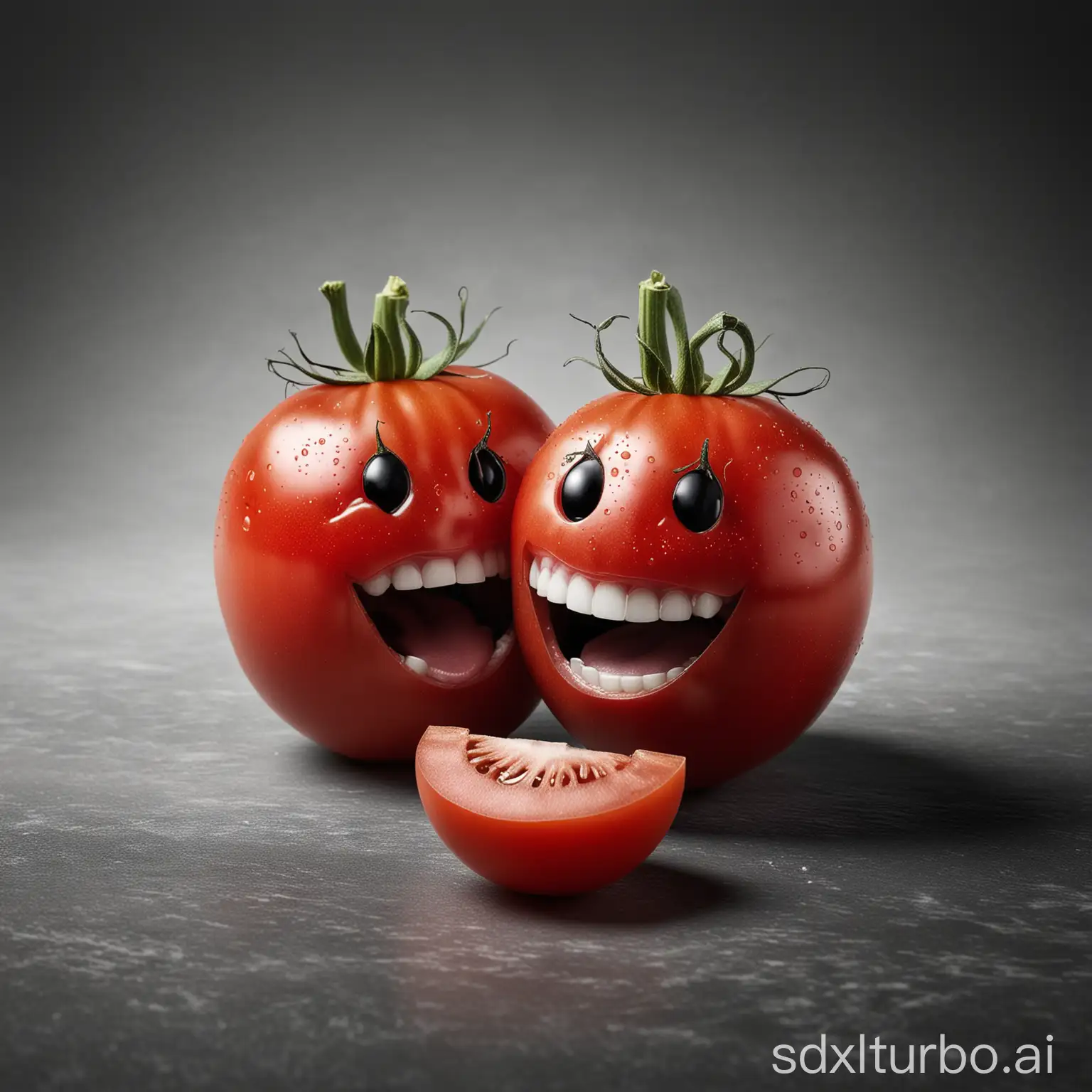 High-resolution photo where 2 red tomatoes with one smiling and one crying face can be seen. The background is a black-and-white gradient.