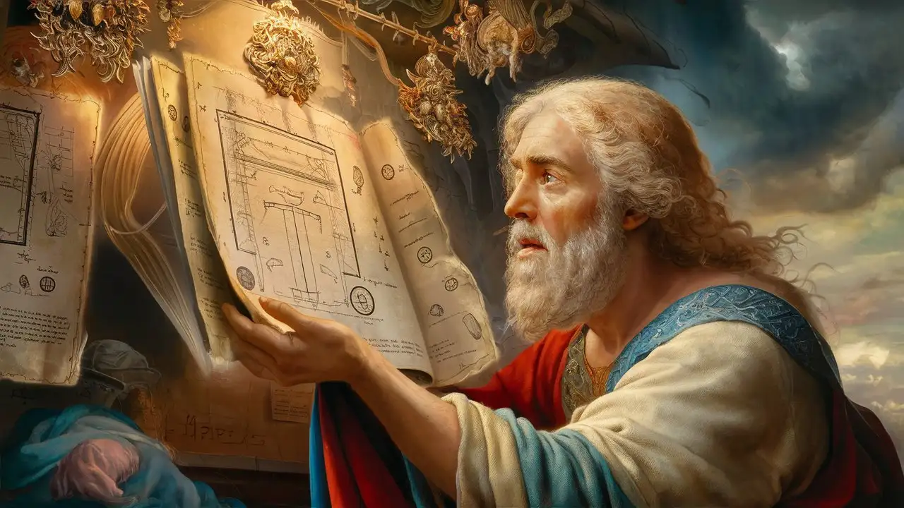Create an artwork showing Noah receiving the blueprints for the ark from God, with intricate details and divine symbols inscribed upon the plans, as he prepares to embark on his monumental task.