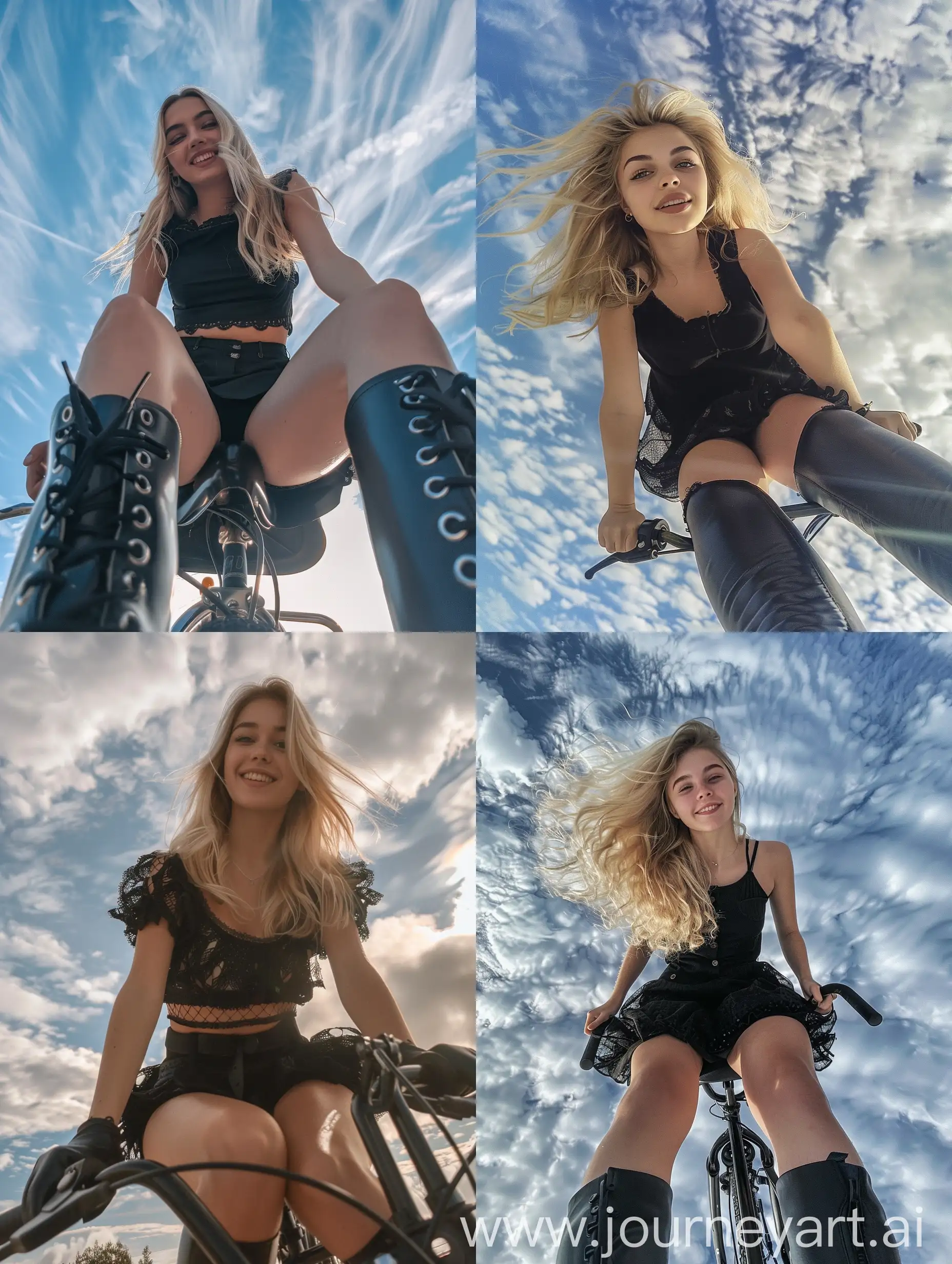 a girl, 22 years old, blonde hair, black dress, , fat legs, morning, , black boots, smiling, , sitting on a bicycle, no effects, selfie , iphone selfie, no filters, natural , iphone photo natural, camera down angle, sky view, down view