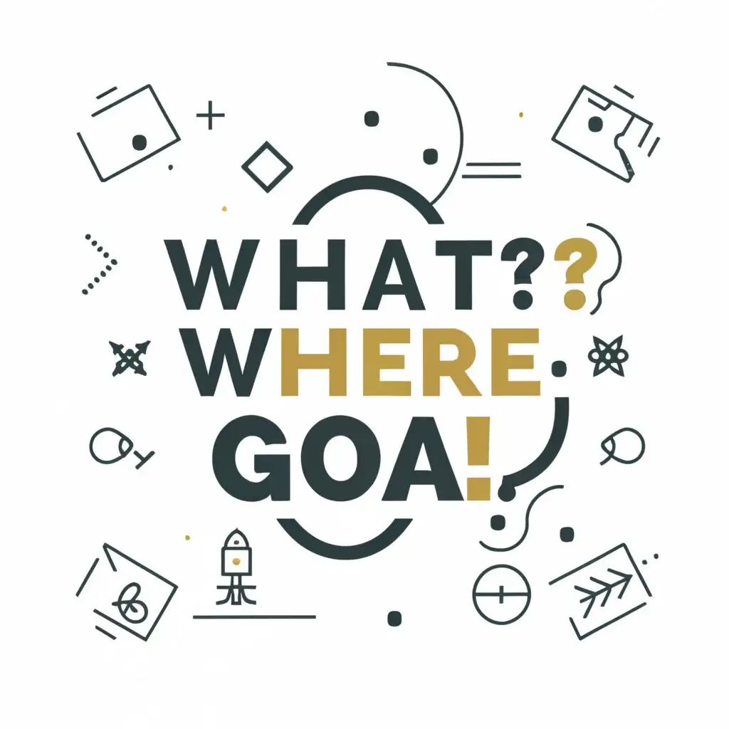 a logo design,with the text "WHAT? WHERE? GOA!", main symbol:Intellectual game,complex,be used in Events industry,clear background
