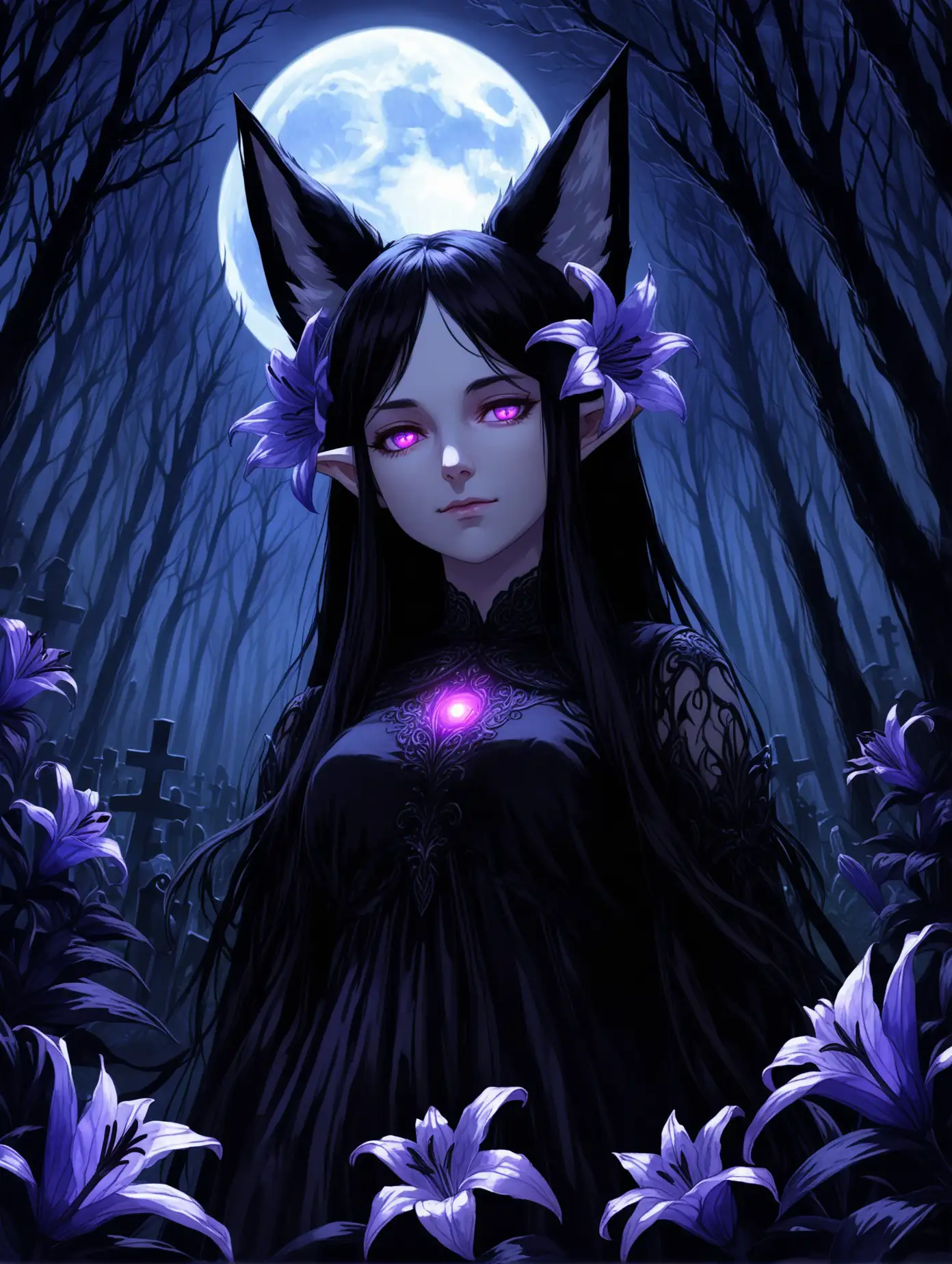 Arrogant-Fox-Spirit-Woman-with-Five-Tails-and-Purple-Lilies-in-Moonlit-Forest