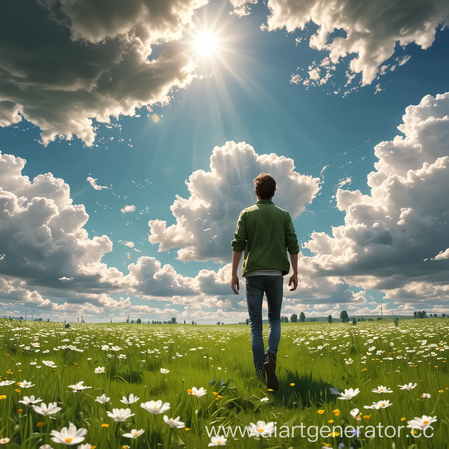  парень стоит весной на зеленом поле, где растут цветы, парень виден со спины, ярко светит солнце, а по небу плывут белые облака, реалистичный, детализированный