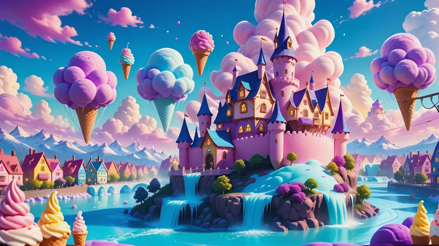 Fairytale ice cream castle and a Whimsical ice cream town of houses. Surrounding a magical navy-ice cream river with whip cream clouds. Purple. Blue. 8K. bright-yellow, and blue sky with cotton-candy clouds.