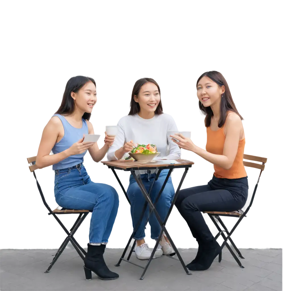 The image depicts three young Asian women, likely in their late teens or early twenties, enjoying a meal at a cafe. They are capturing the moment with a selfie, highlighting the social and celebratory aspect of their gathering.