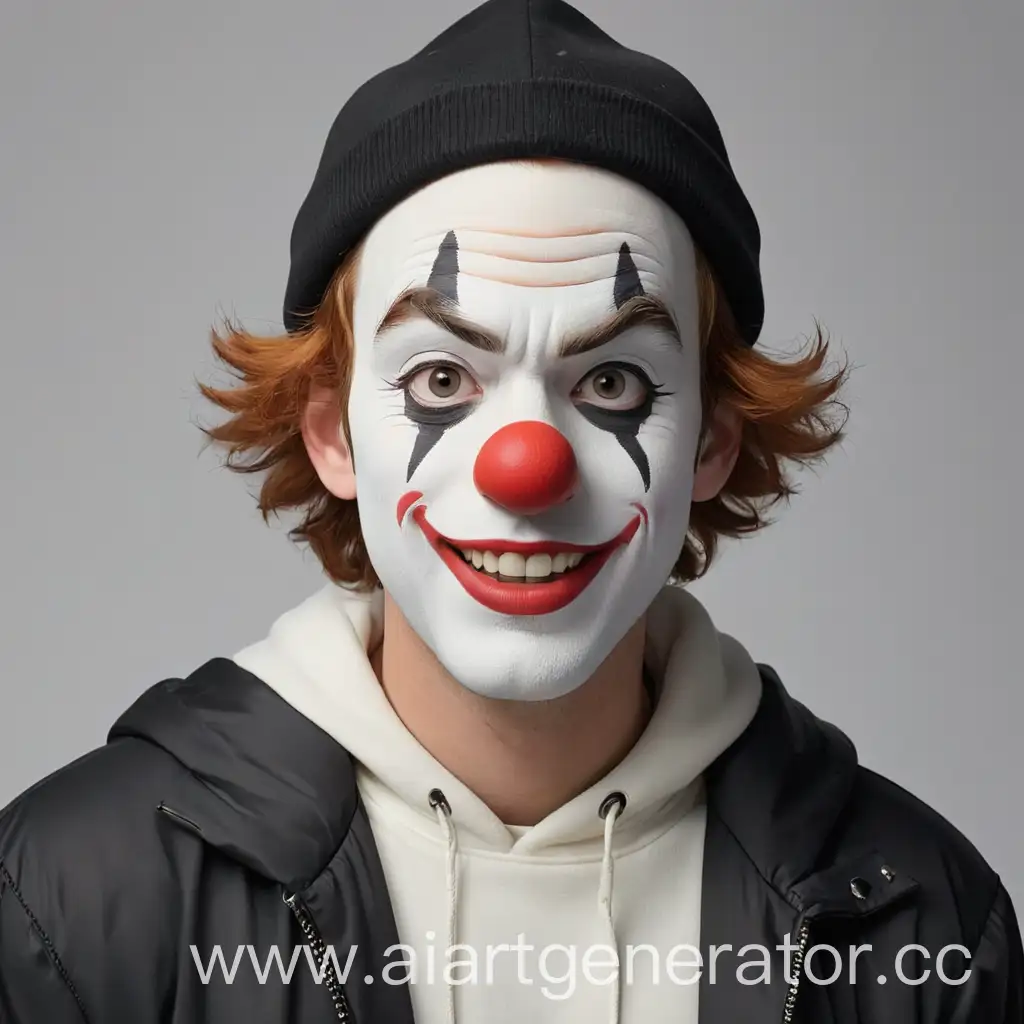 Cheerful-Clown-in-Black-Cap-and-White-Sweater-with-Hood-and-Columbia-Jacket