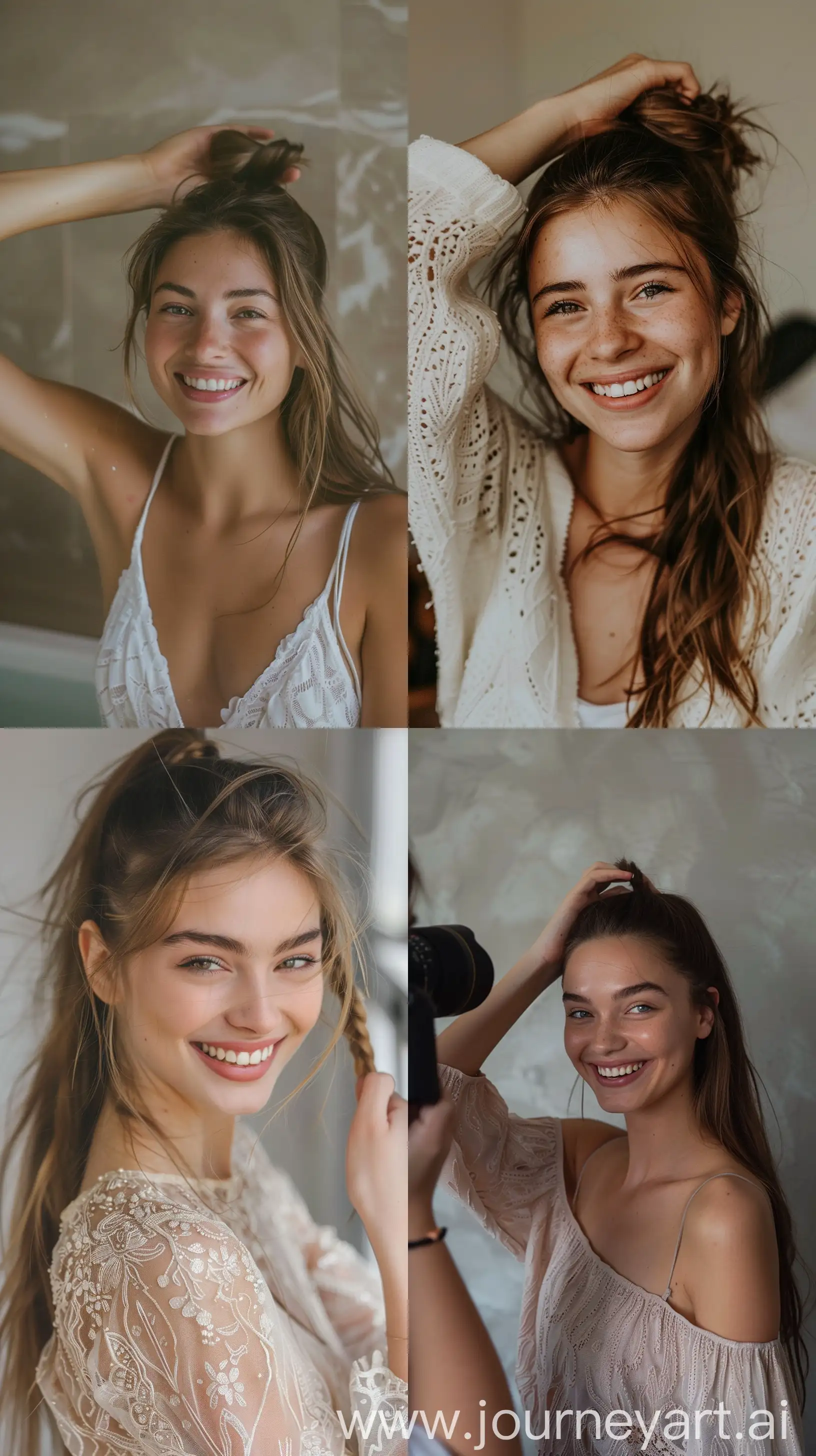 A female smiling i holding a ponytail and is posing for a photographer, light bronze and white, , subtle, earthy tones, playfully intricate, lyon school, out of frame --ar 9:16 --style raw --v 6