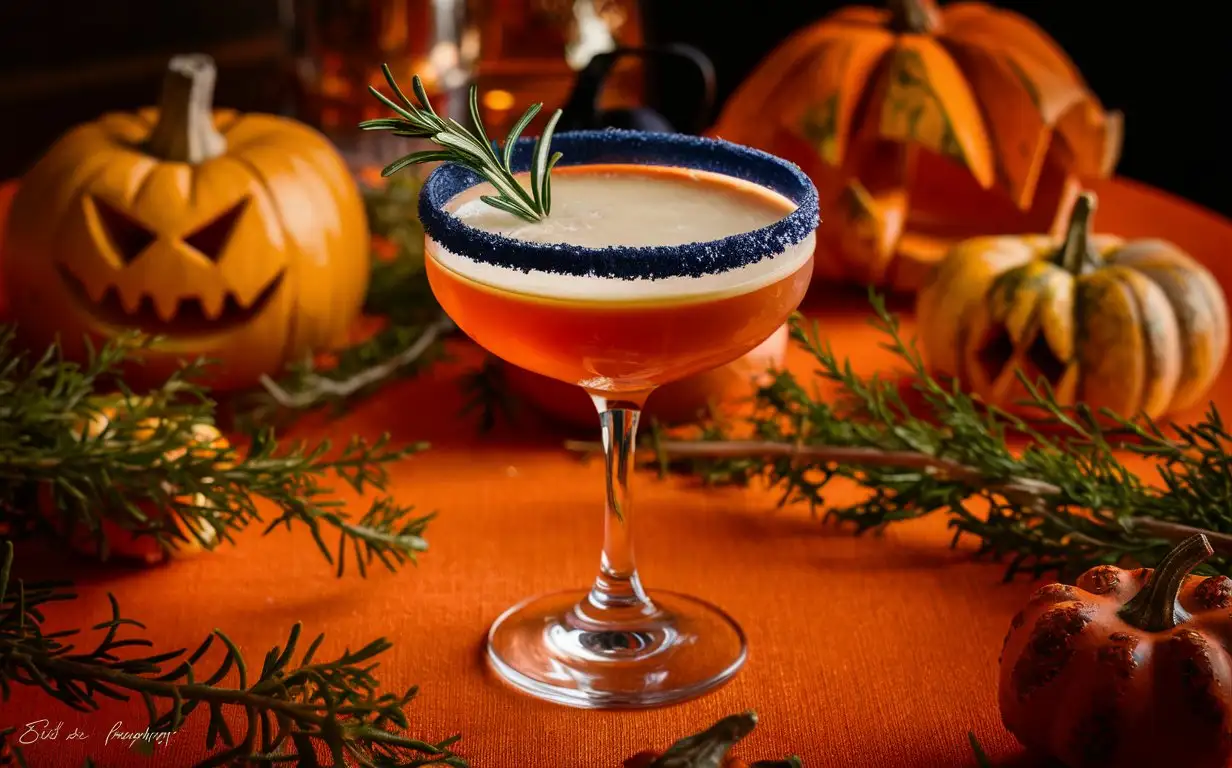 pumpkin spiced cocktail with a navy blue sugar rim, topped with coconut on an orange table cloth decorated with pumpkins and cedar. An image stock photo contest winner captured in the style of best quality, high resolution photography --ar 85:128 --v 6.0 --style raw