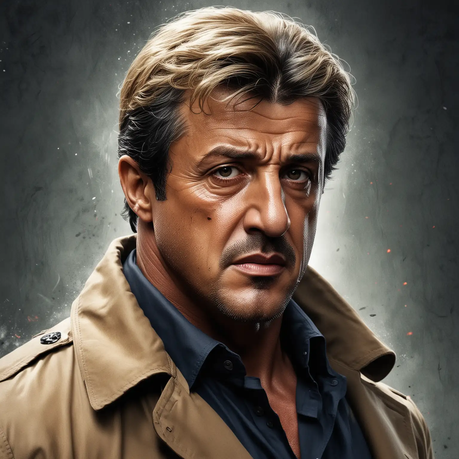 movie poster art style; sylvester stallone with blond hair as detective