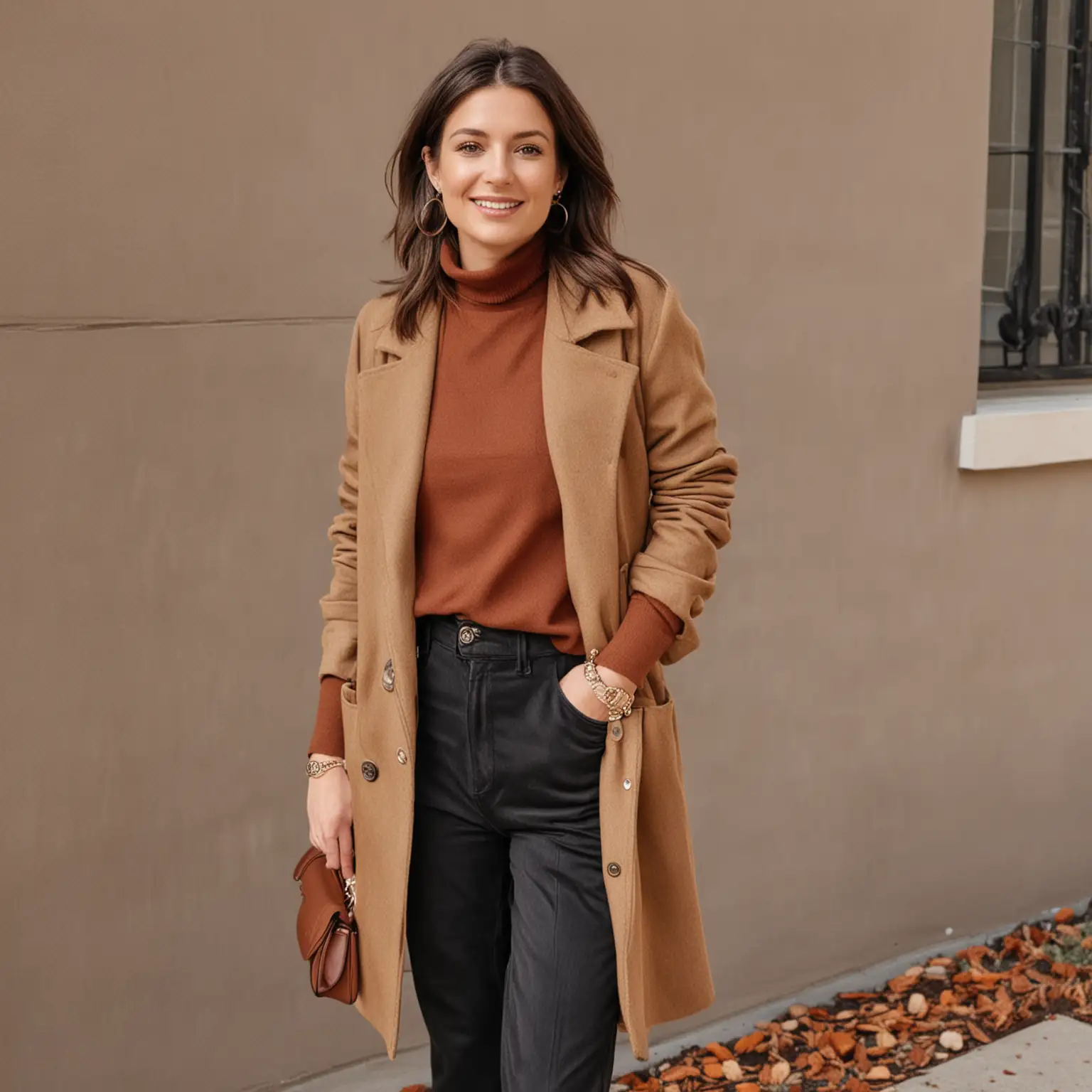 30-year old woman in a chic trendy fall outfit