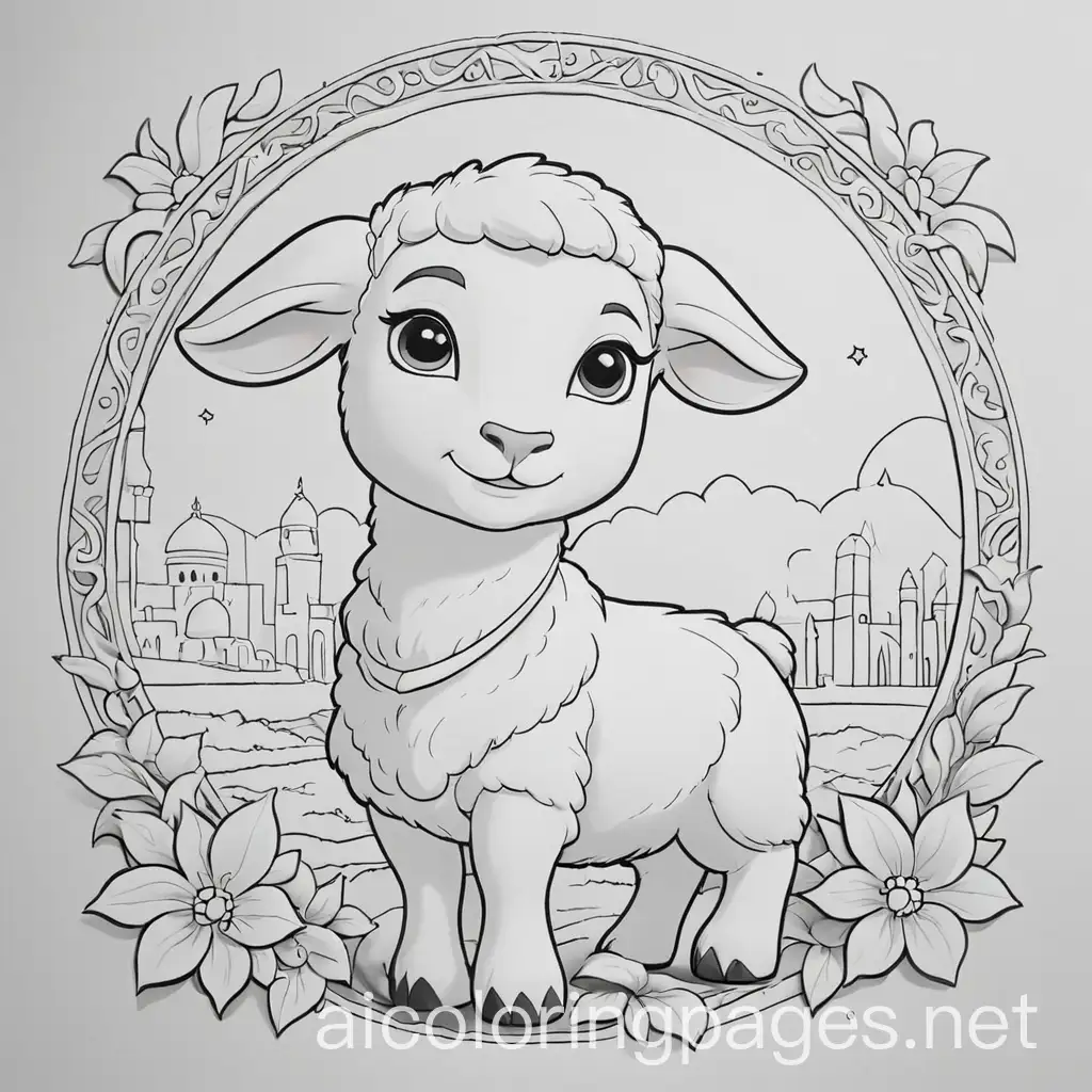 Prompt Children with Eid al-Adha lamb, Coloring Page, black and white, line art, white background, Simplicity, Ample White Space, Coloring Page, black and white, line art, white background, Simplicity, Ample White Space. The background of the coloring page is plain white to make it easy for young children to color within the lines. The outlines of all the subjects are easy to distinguish, making it simple for kids to color without too much difficulty