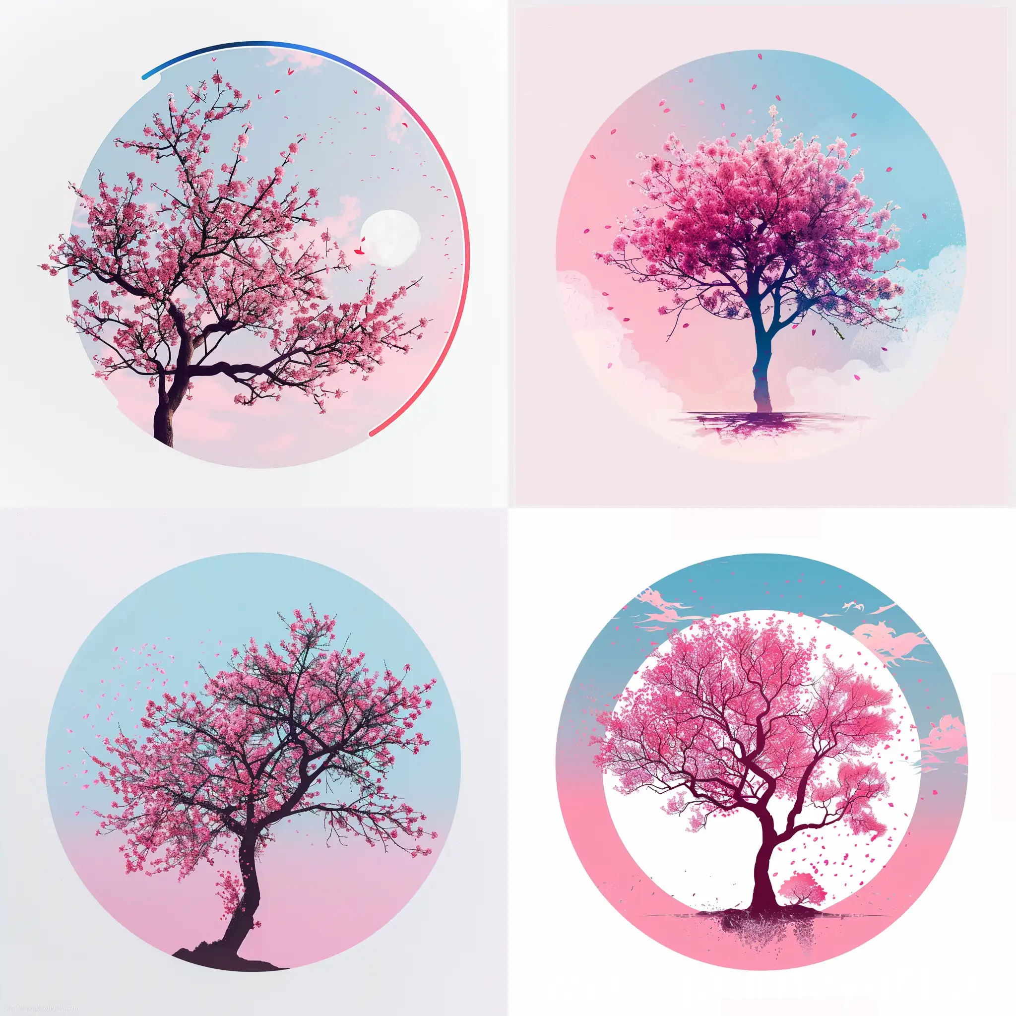 circular logo of a cherry blossom tree against the sky, pink and blue colour scheme, minimalist logo, white background