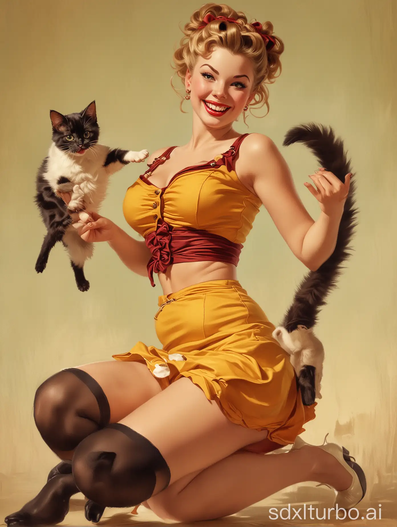 upskirt view, a Gil Elvgren painting of a woman playing with her cat, high resolution from Artgerm, pin-up style poster, idealized, smiling, trending on InterfaceLift, in a seductive Pudica pose, warm colored