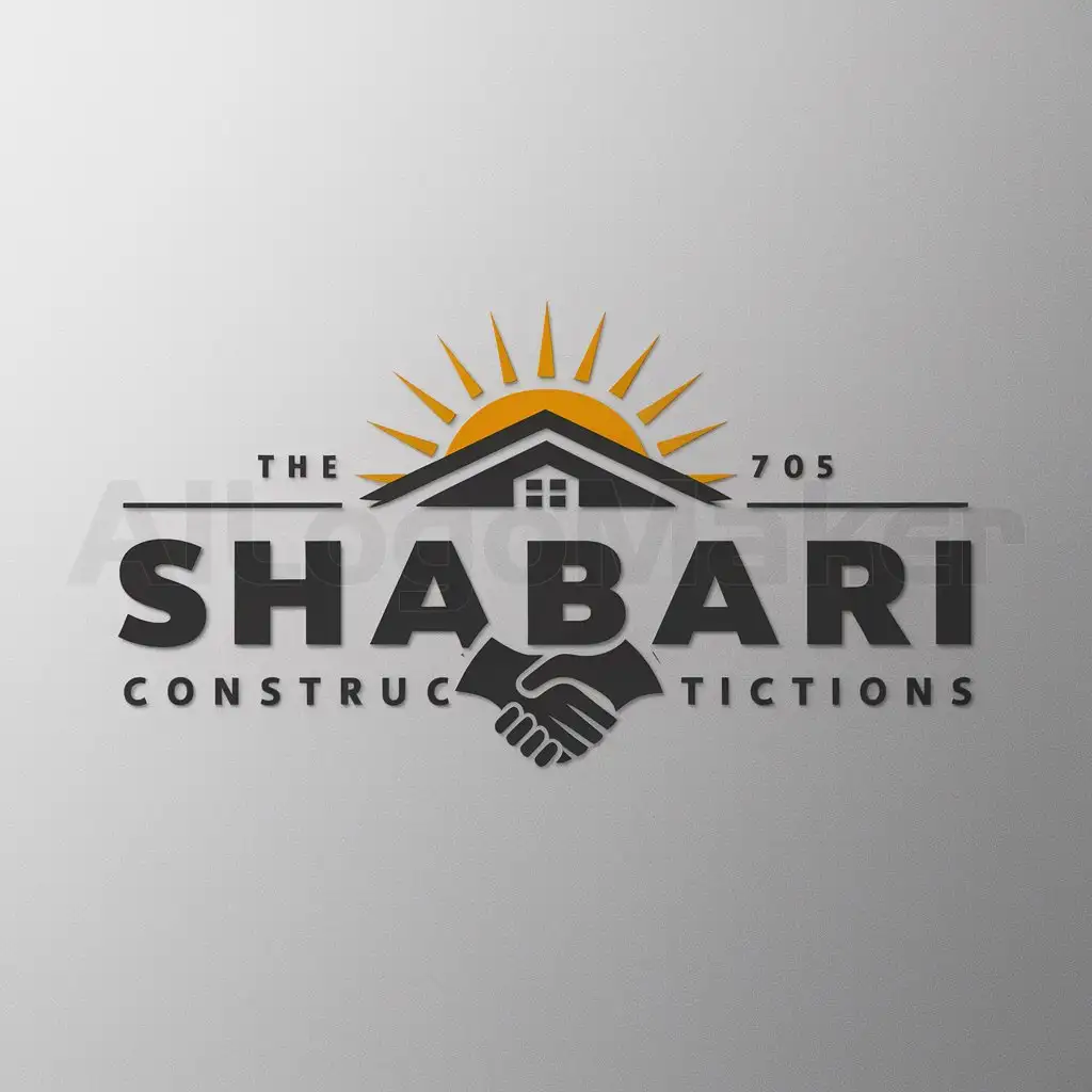 a logo design,with the text "shabari constructions", main symbol:Sun at background,Handshake,Roof symbol,Moderate,be used in Construction industry,clear background