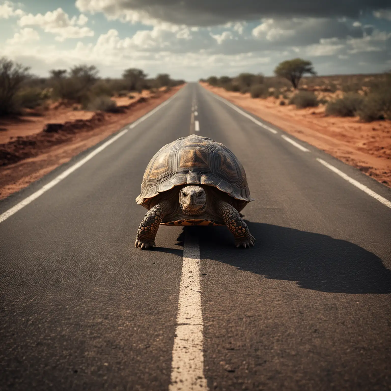a realistic photo of a tortoise walking down a long road