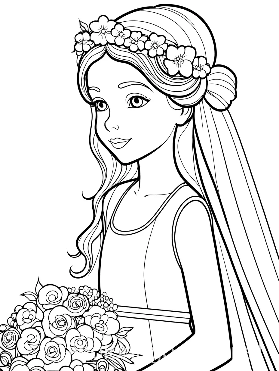 a flower girl at a wedding, Coloring Page, black and white, line art, white background, Simplicity, Ample White Space. The background of the coloring page is plain white to make it easy for young children to color within the lines. The outlines of all the subjects are easy to distinguish, making it simple for kids to color without too much difficulty