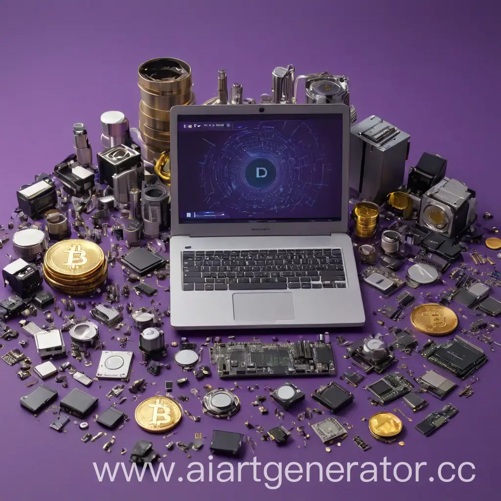 Покажи текст CRYPTO DIMAN . на фиолетовом фоне с компьютерными запчастями и криптовалютами