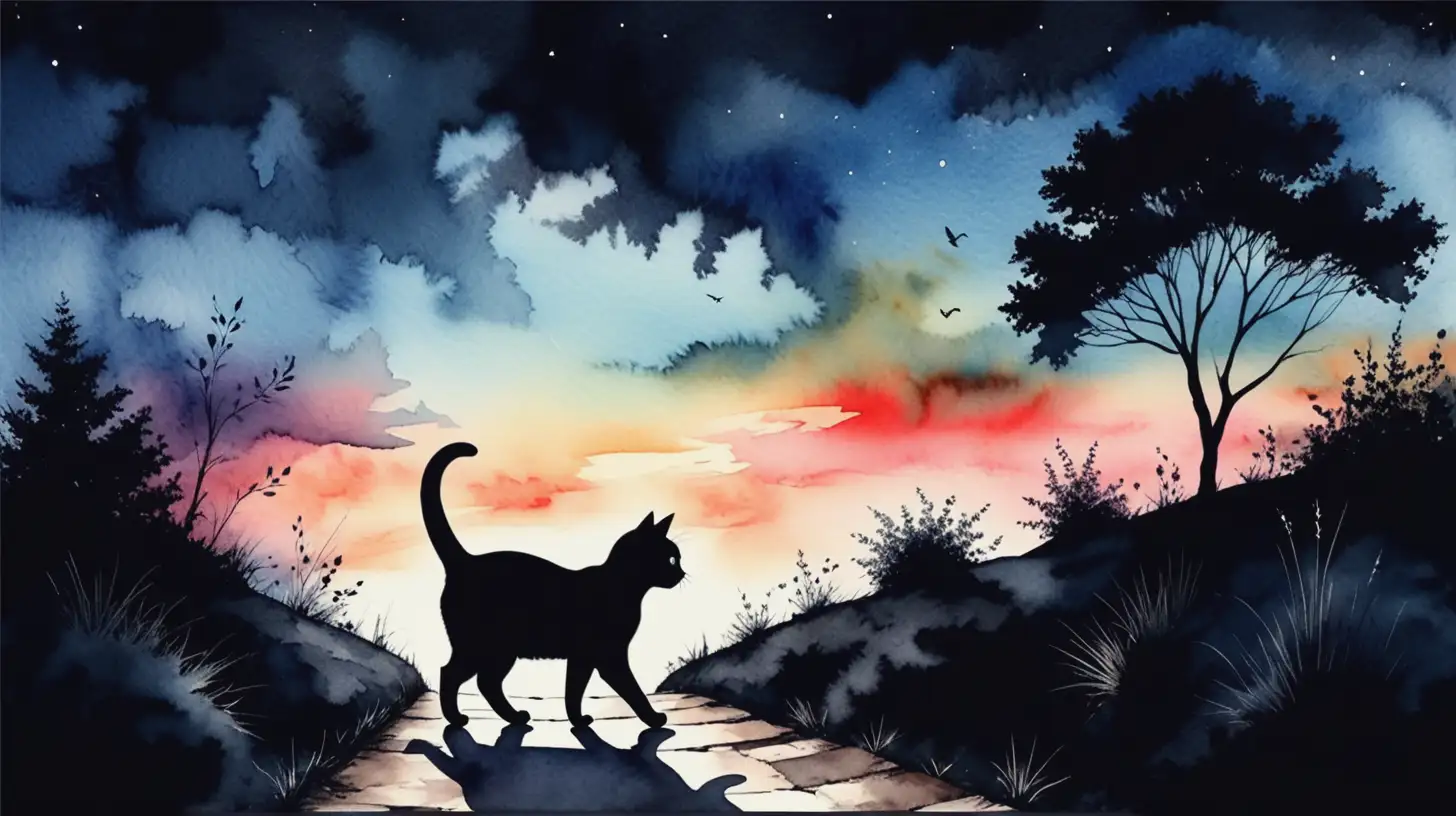 sihloutte of a cat  walking on a path in black, aquarell romantic atmosphere of the sky