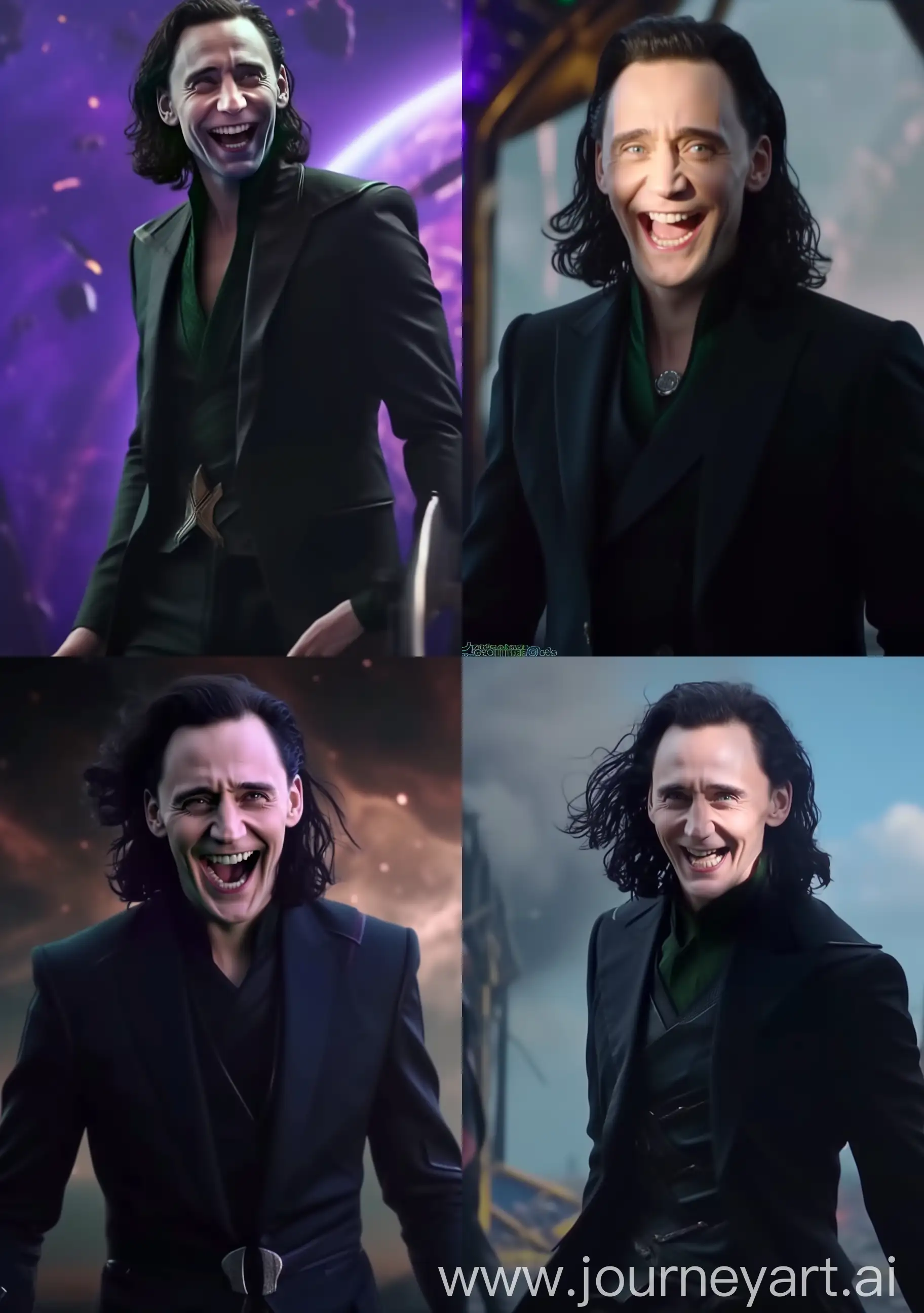 wide view  long shot of Tom Hiddleston as loki Laughing ironically and wearing a black suit and looking at the camera real life, mad --sref https://i.pinimg.com/564x/70/63/51/7063518f2c8cf1a535236ec44051fde4.jpg --v 6 --ar 14:20 --q .25