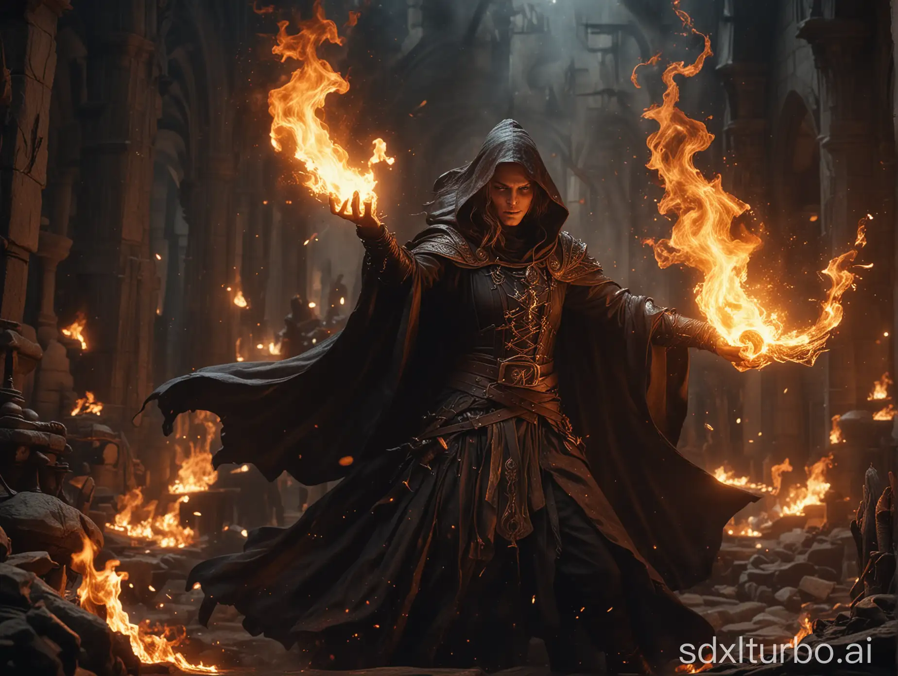 A scene with flickering flames, the dark sorcerer is fighting against the herald of light, and both are casting spells