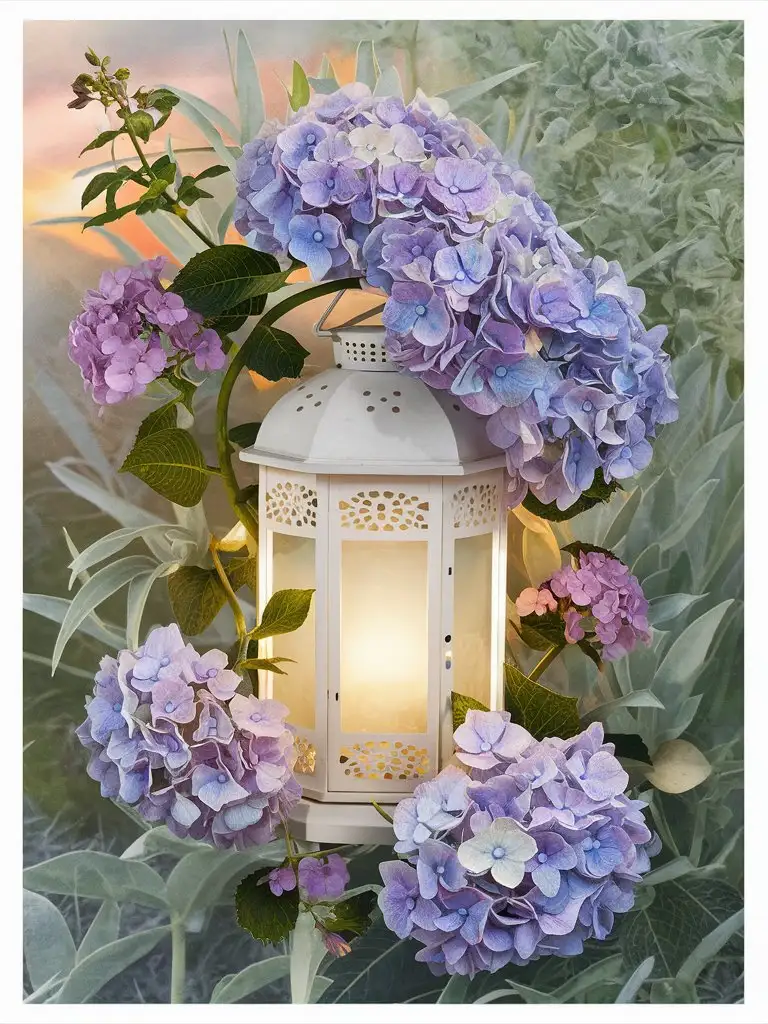 Hydrangea Flowers Illuminated by Lantern Light