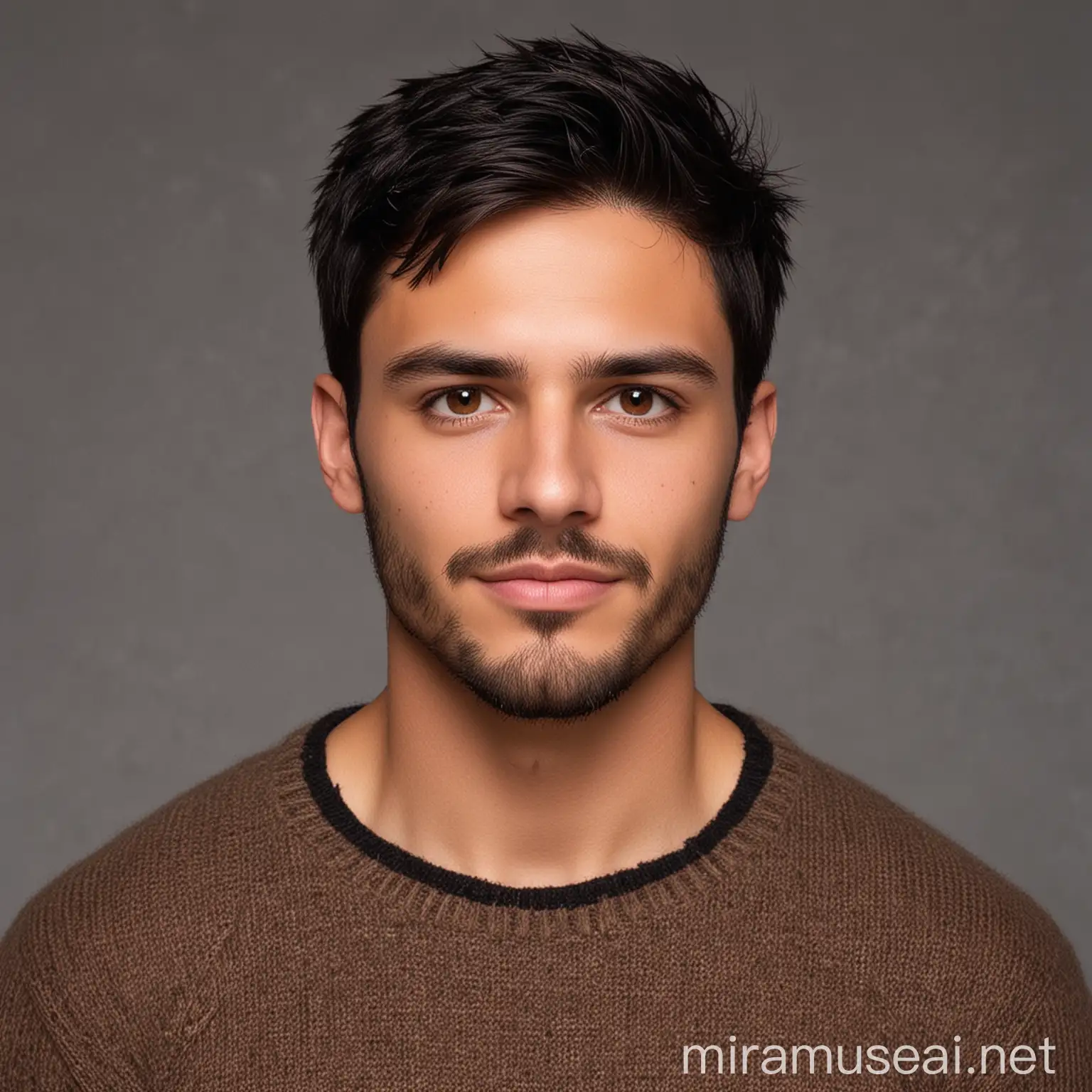 Portrait of a 32YearOld Man with Short Dark Hair and Brown Eyes in a Black Sweater