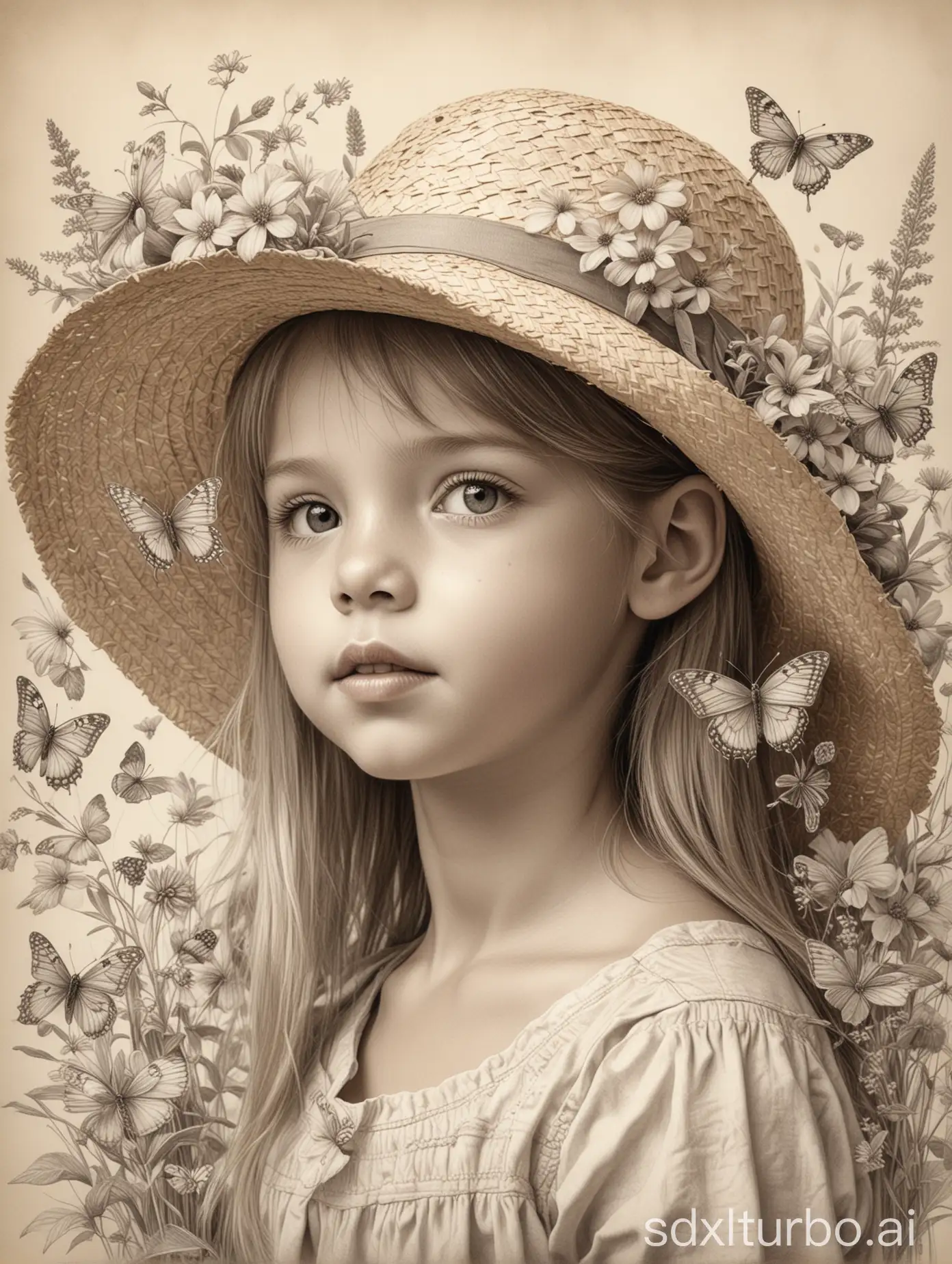 Pencil drawing Portrait of a little girl with straw hat Flowers and butterflies, dreamy, delicate, very detailed, ultra-high resolution