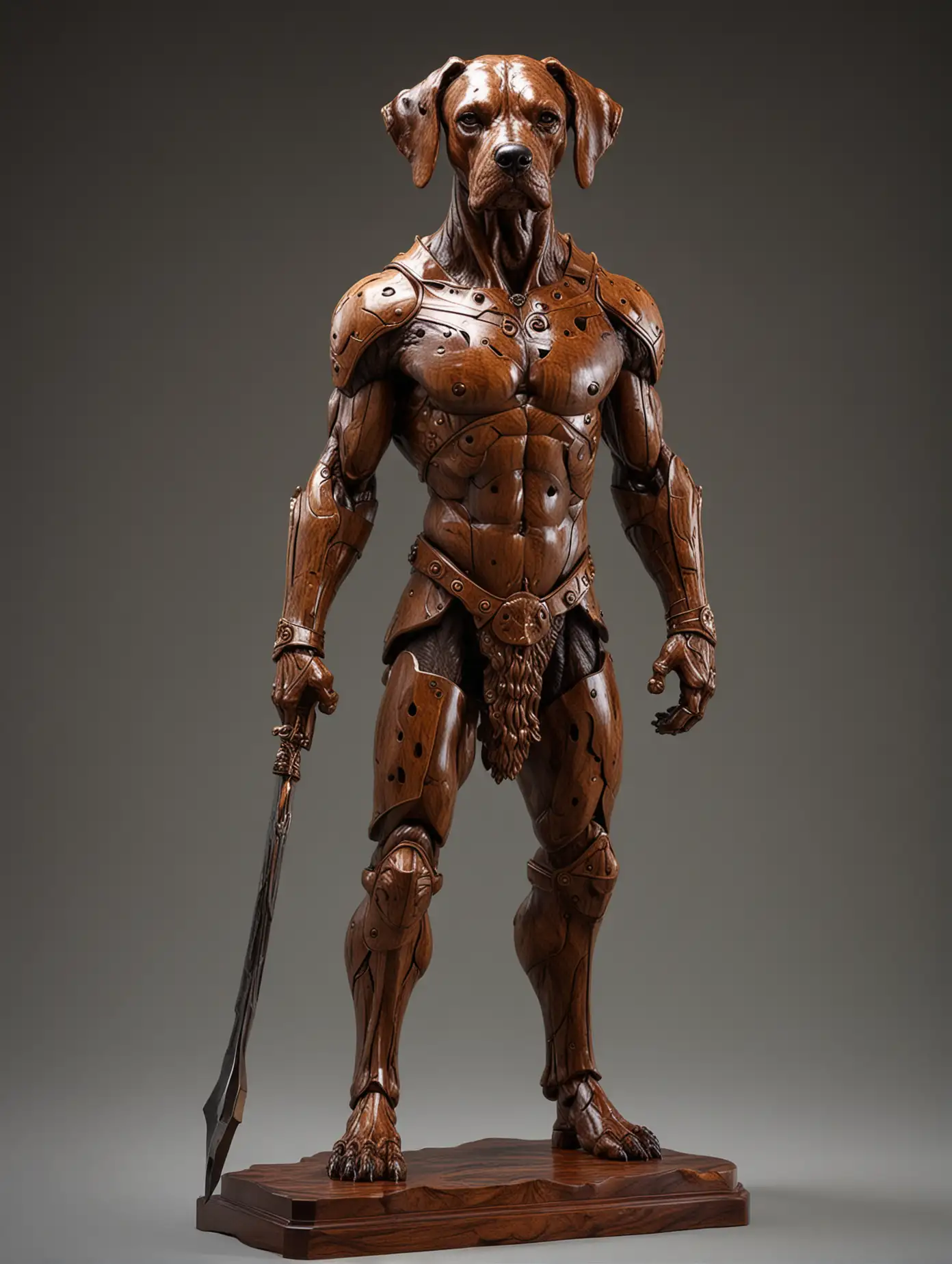 Dog Warrior made of lacquered polished walnut burl and Mahogany, full body, dynamic contrast, depth mapped
