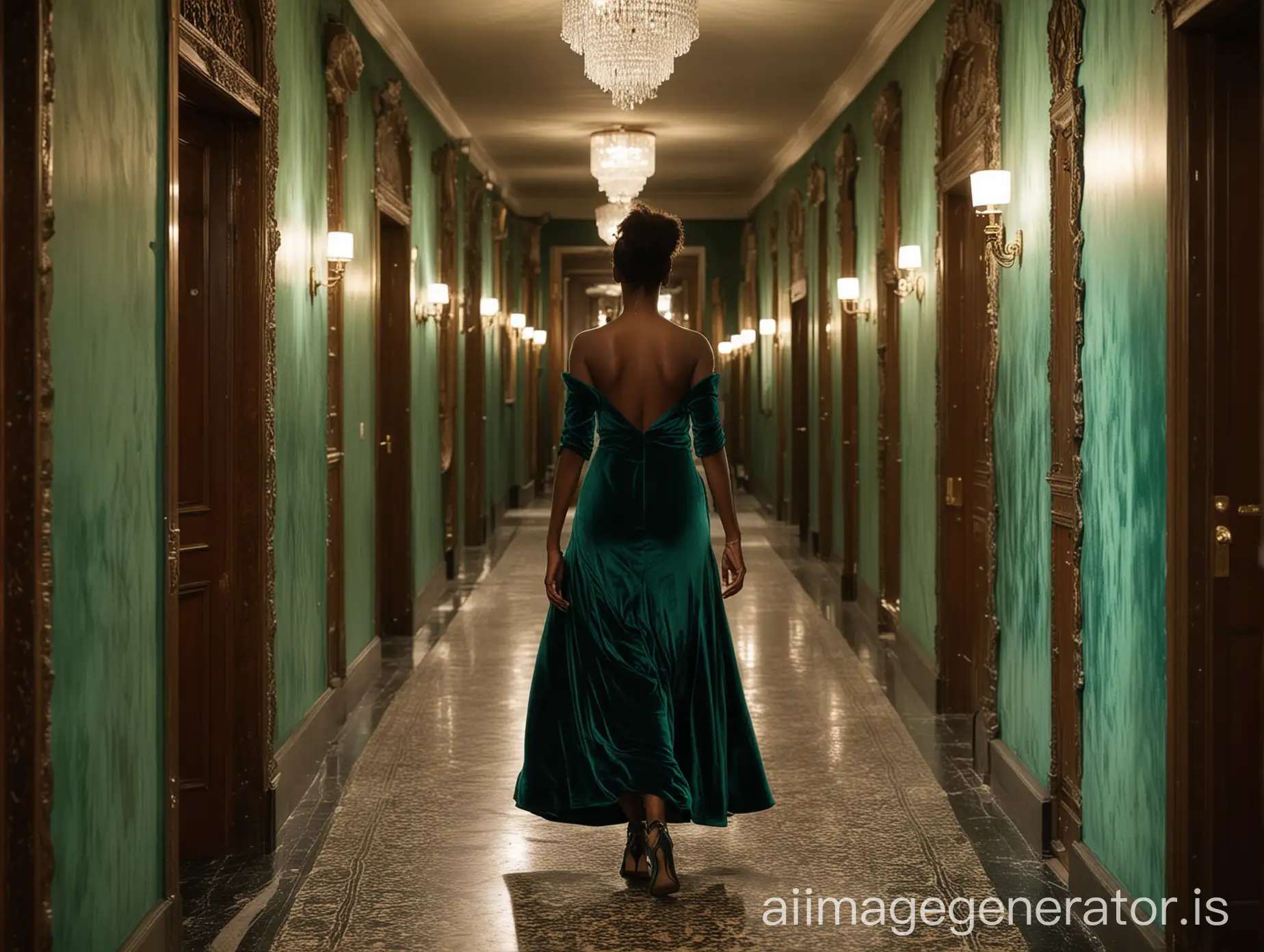 A black girl in a emerald velvet dress walking in the corridor of an old and luxurious hotel you only see her from behind at night