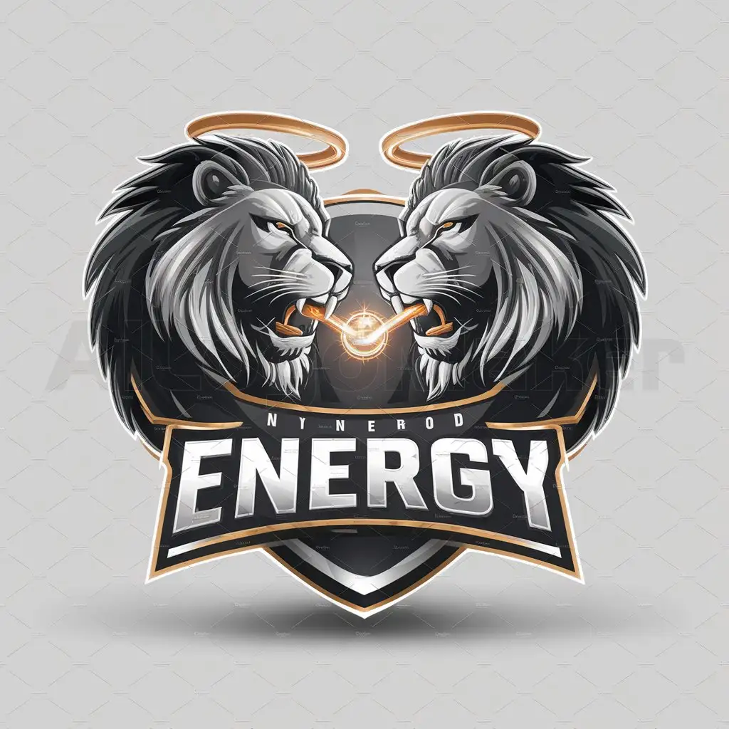 a logo design,with the text "Energy", main symbol:two lions holding a energy icon, soulihuted, a sheild in back, white background,,Moderate,be used in 0 industry,clear background