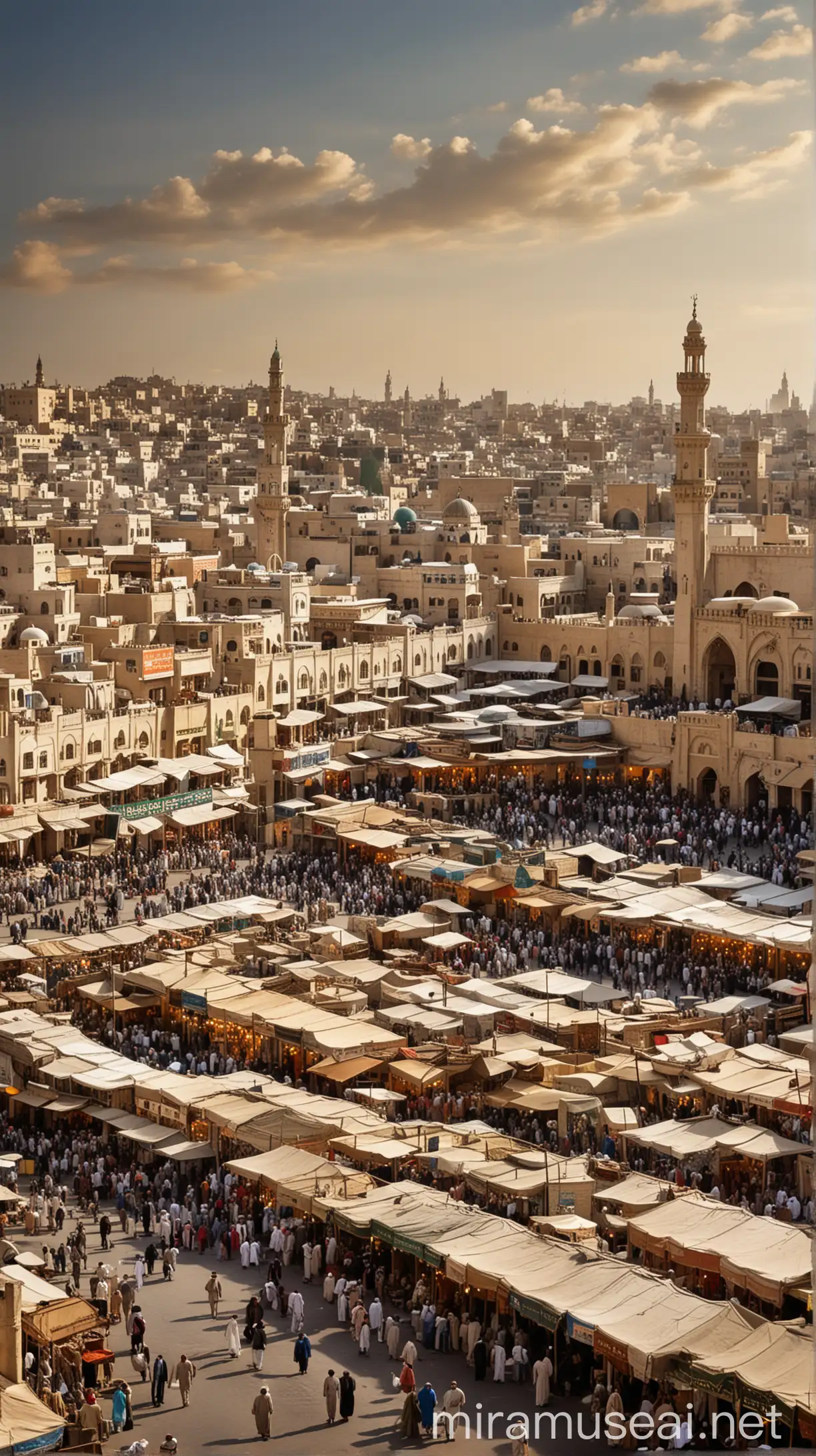 Image: A prosperous Medina skyline with bustling markets and thriving businesses.
Description: The skyline of Medina is depicted, bustling with activity, with markets teeming with traders and businesses flourishing. Prophet Muhammad's visionary leadership is evident in the city's prosperity, where honesty, justice, and compassion guide every transaction.




