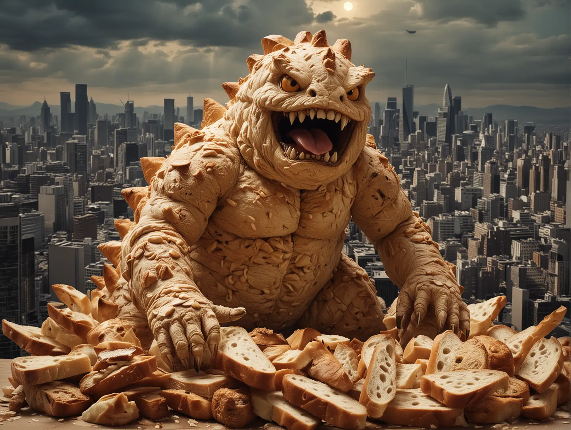 Sourdough Texture Bread Monster Kaiju Rampaging City at Evening