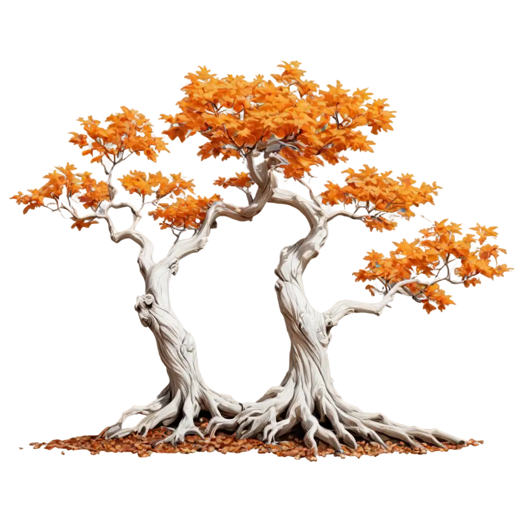 old white twisted tree with orange leaves and roots exposed. With realalistic detail.
