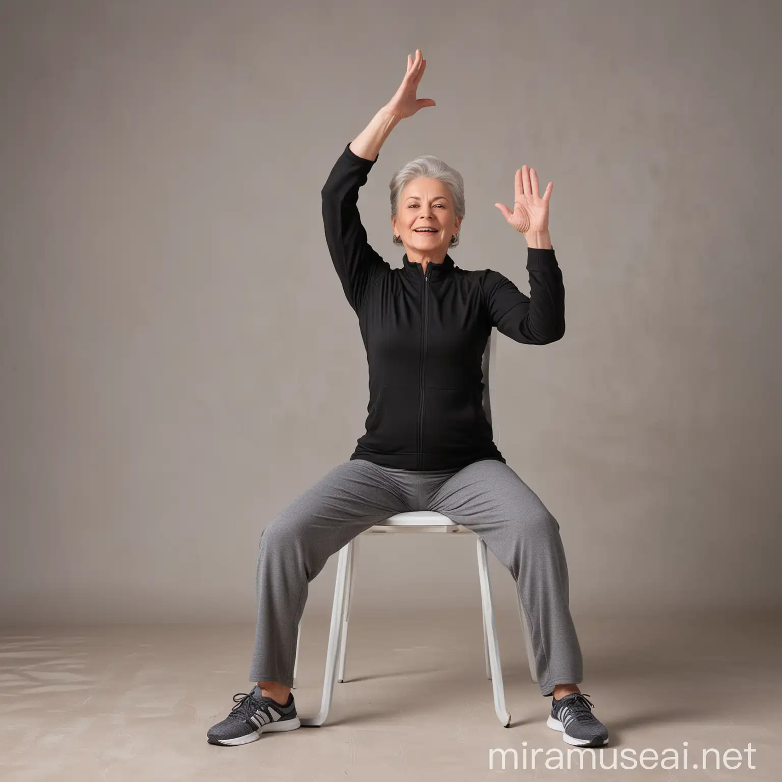 fitness freak senior woman doing chair yoga in track suit