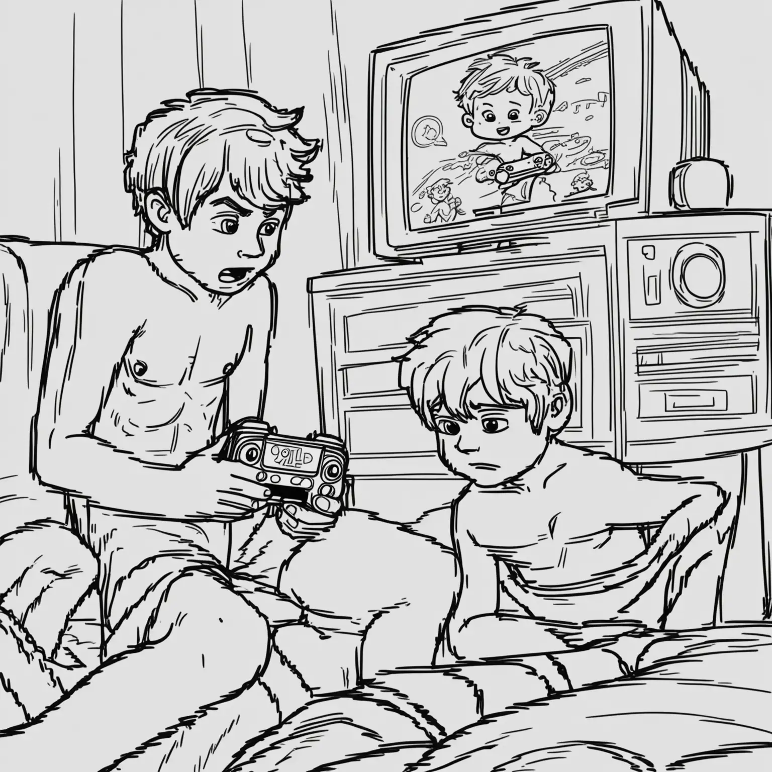 imagine prompt,  coloring page for kids, boys playing videogames, shirtless, cartoon style. low detail, thick lines, no shading, 9:11