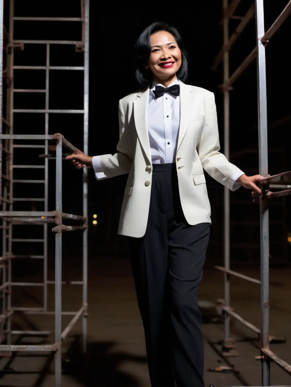 It is night. A smiling 50 year old Vietnamese woman with shoulder length hair and lipstick is walking toward the edge of a scaffold. he is facing forward. She is wearing an ivory tuxedo. (Her pants are black. Her shirt is white. Her bowtie is black. Her shirt buttons are black and shiny. Her cufflinks are black.). She is relaxed. Her jacket is open.