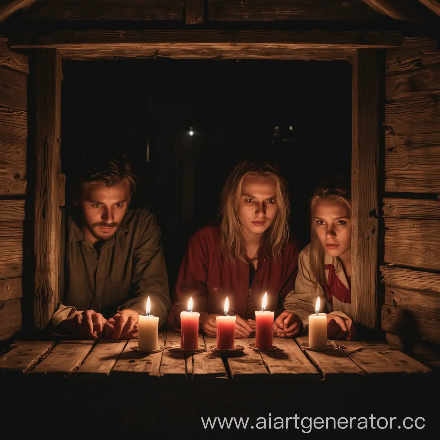 три рецидивиста сидят за деревянном в  деревянной избе за окном ночь на столе три свечи на стенах кровь