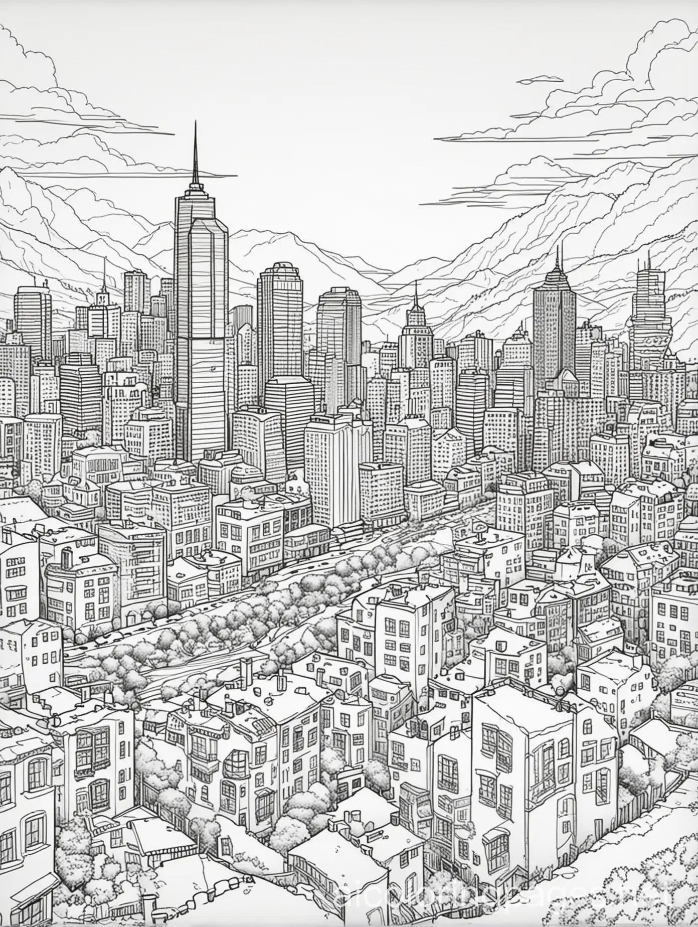 a black and white line drawing overlooking a large metropolitan city in a valley, coloring page, ample white space, bold lines easy for kids to color inside the lines, Coloring Page, black and white, line art, white background, Simplicity, Ample White Space. The background of the coloring page is plain white to make it easy for young children to color within the lines. The outlines of all the subjects are easy to distinguish, making it simple for kids to color without too much difficulty, Coloring Page, black and white, line art, white background, Simplicity, Ample White Space. The background of the coloring page is plain white to make it easy for young children to color within the lines. The outlines of all the subjects are easy to distinguish, making it simple for kids to color without too much difficulty