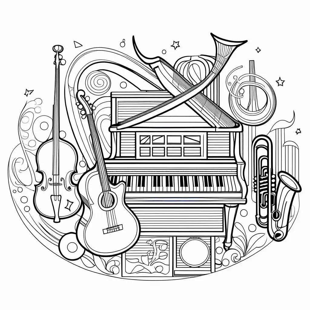 Detailed illustrations of musical instruments and musical notes, Coloring Page, black and white, bold thick marker outline, white background, Simplicity, Ample White Space. The background of the coloring page is plain white to make it easy for young children to color within the lines. The outlines of all the subjects are easy to distinguish, making it simple for kids to color without too much difficulty, Coloring Page, black and white, line art, white background, Simplicity, and Ample White Space. The background of the coloring page is plain white. The outlines of all the subjects are easy to distinguish, making it simple for kids to color without too much difficulty, Coloring Page, black and white, line art, white background, Simplicity, Ample White Space. The background of the coloring page is plain white to make it easy for young children to color within the lines. The outlines of all the subjects are easy to distinguish, making it simple for kids to color without too much difficulty