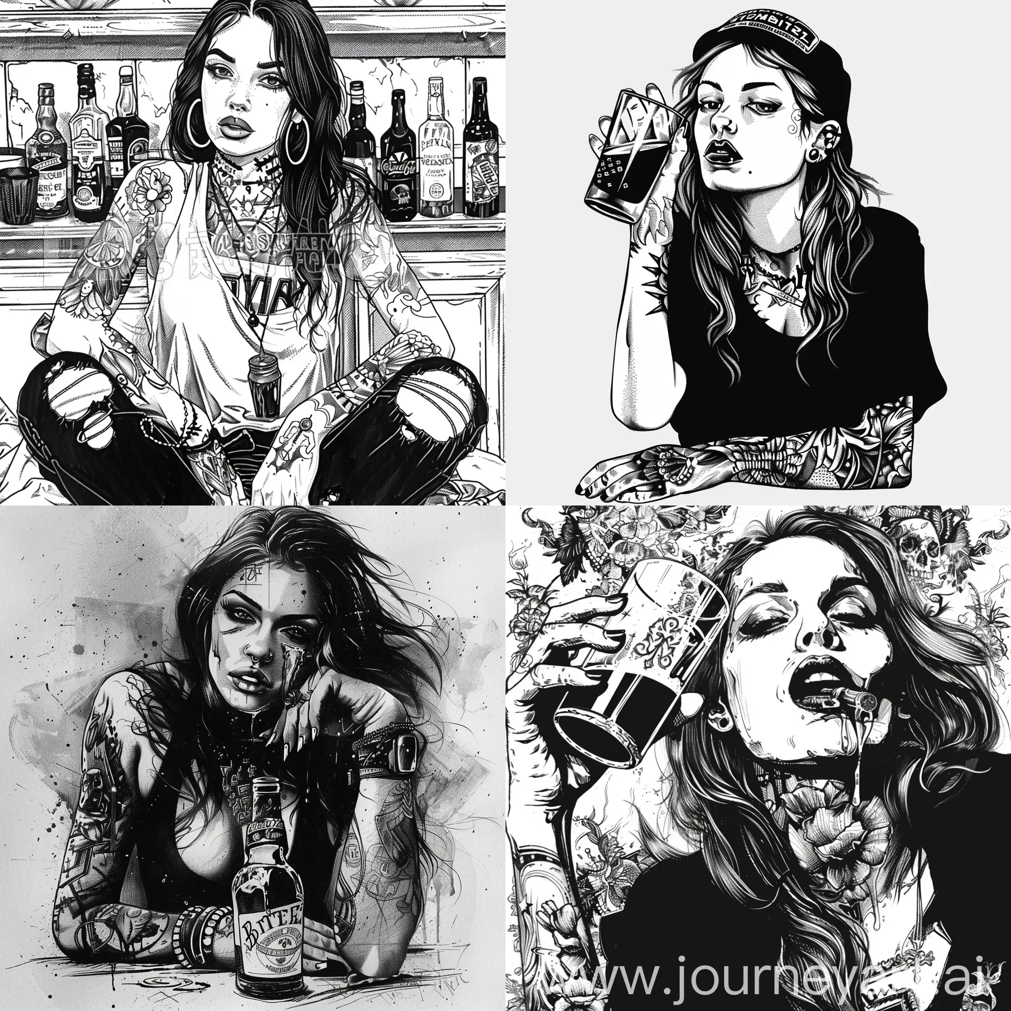 girl make alcohol, black and white, tatoo style