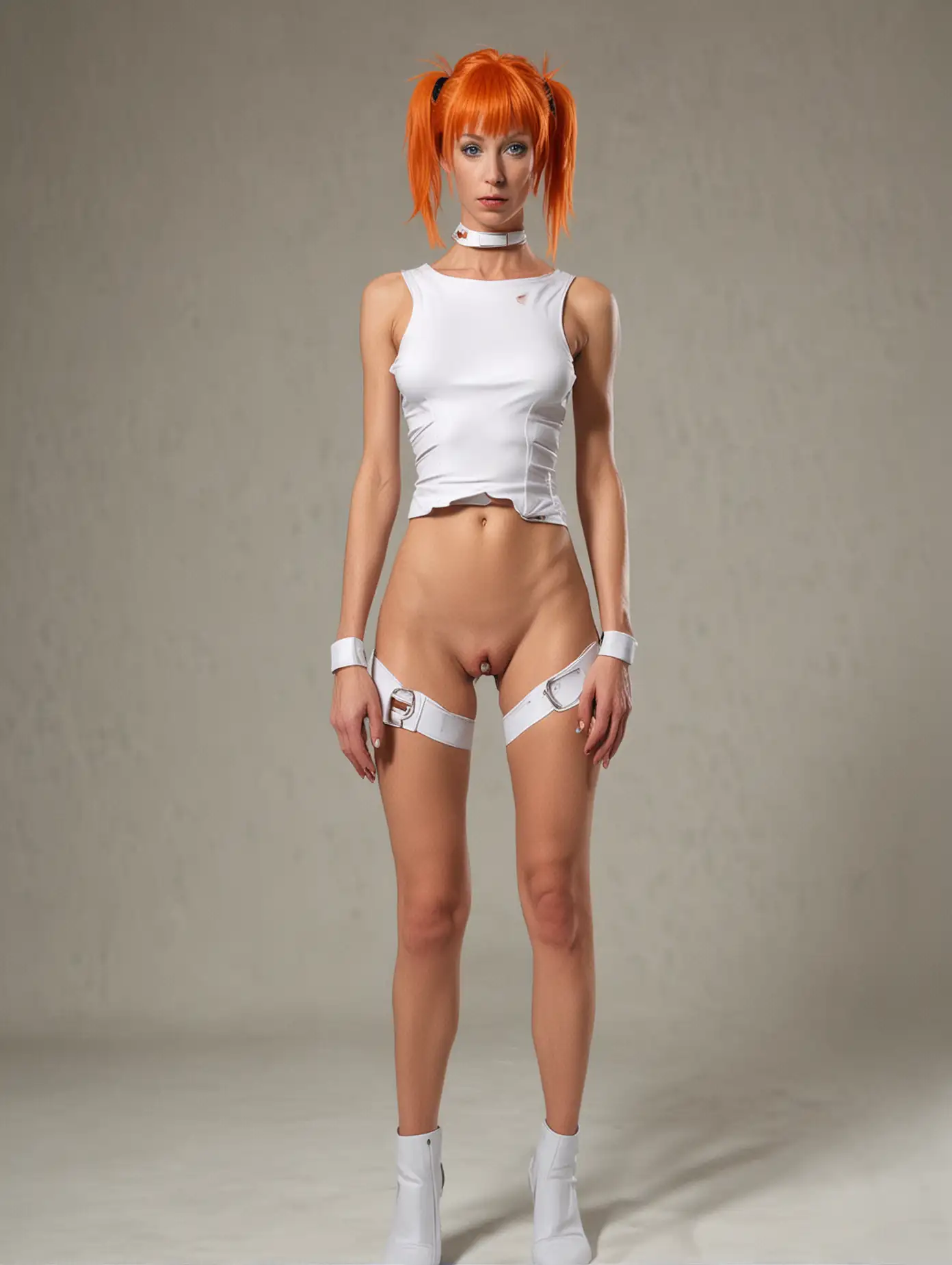 Slim-Woman-Modeling-Leeloo-Costume-with-Flat-Chest