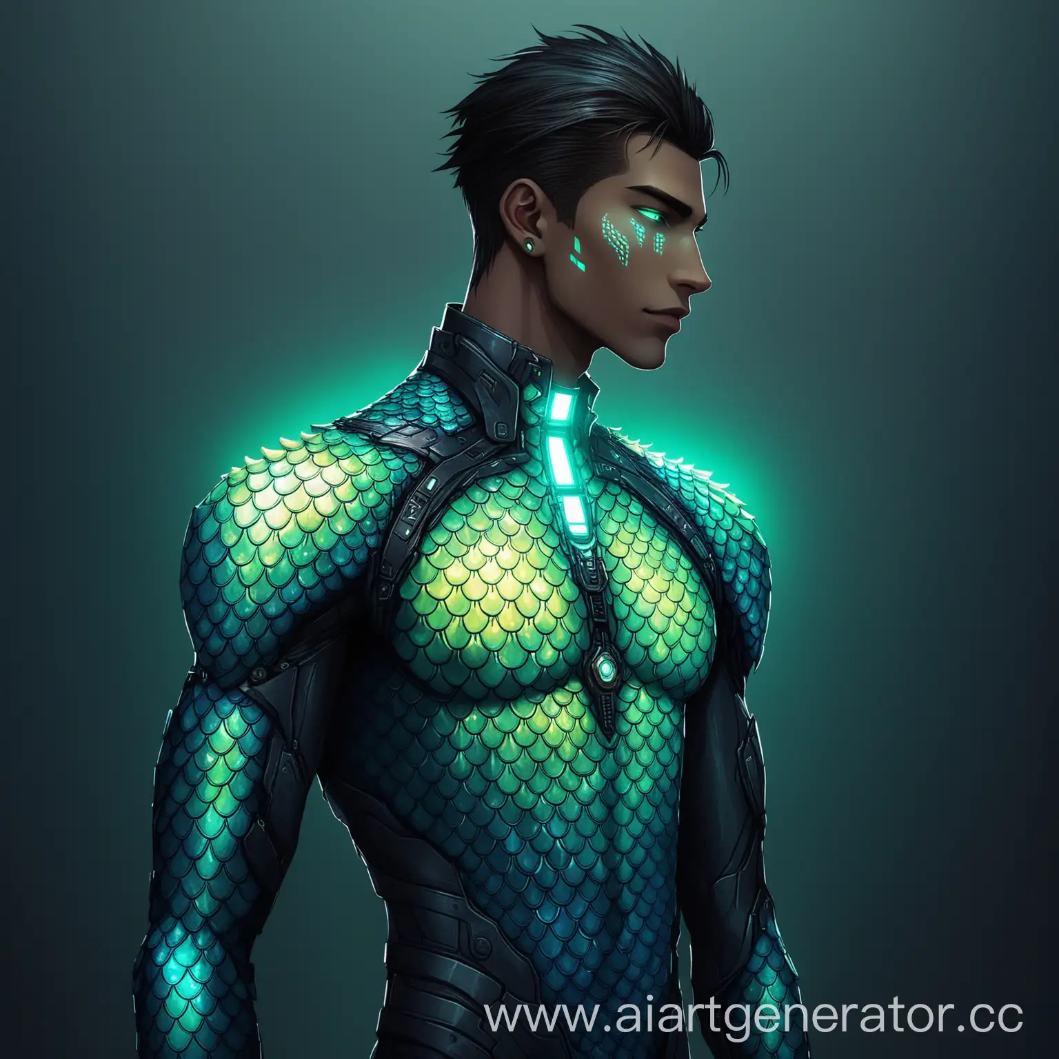 Combining a very handsome and tall young man with dragon scales and a small glow on his chest is what cyberpunk is
