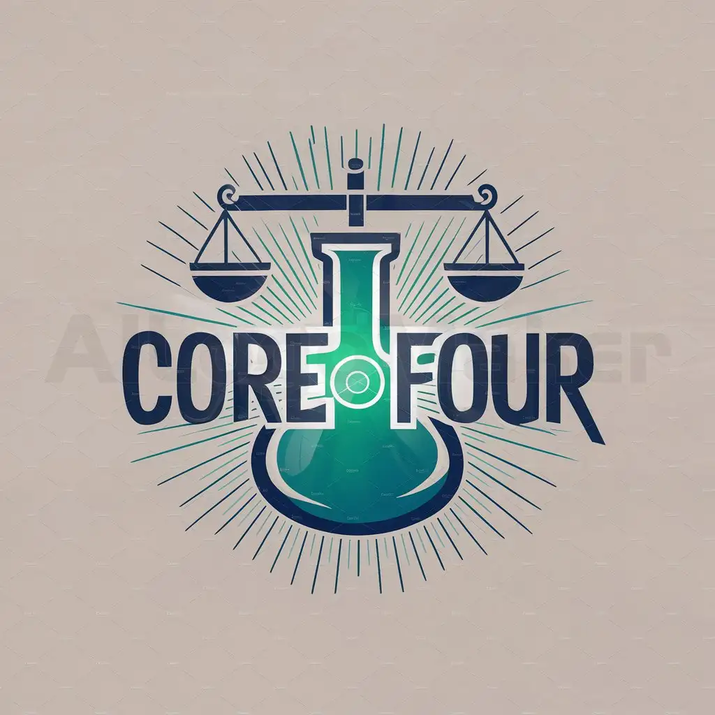 a logo design,with the text "CORE FOUR", main symbol:The stylized chemical flask in the logo represents accuracy and attention to detail. Precision scales are balanced on top of the flask. Radiant colours like emerald green and royal blue are used to stand for dependability and creativity.,Moderate,clear background