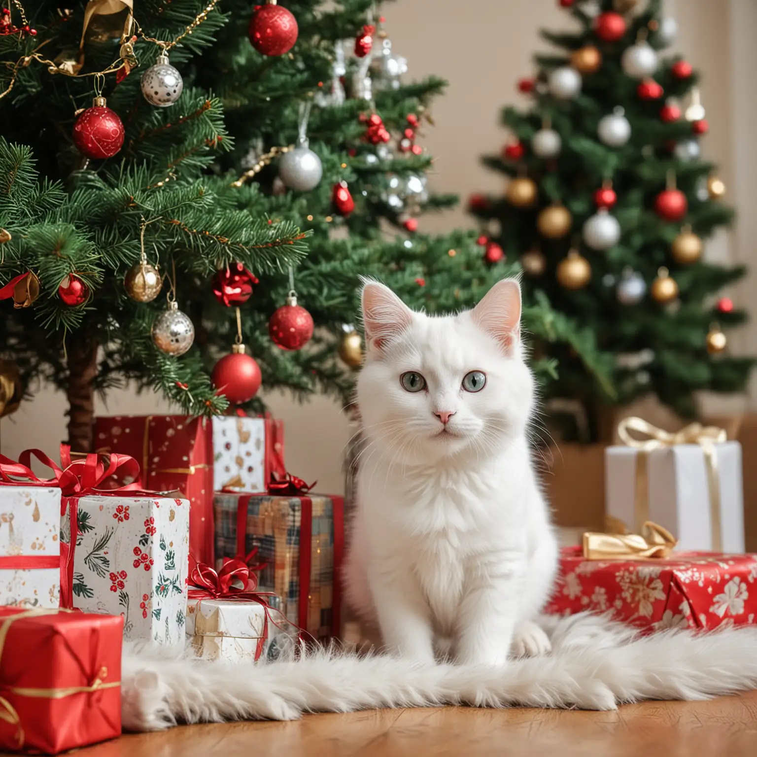 Playful White Kitten with Christmas Tree and Presents