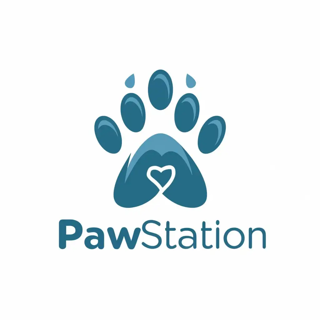 a logo design,with the text "PawStation", main symbol: feed with love, color should be a variation of blue and feminine,Moderate,be used in Animals Pets industry,clear background