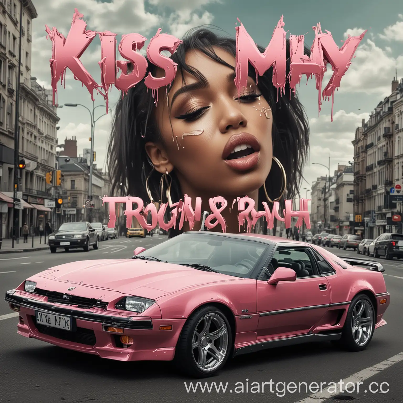 обложка для трека в стиле хип-хоп, на переднем фоне будет большая надпись -"KISS MY DAY" изорванным шрифтом, на заднем фоне будут дорогие машины и девушки